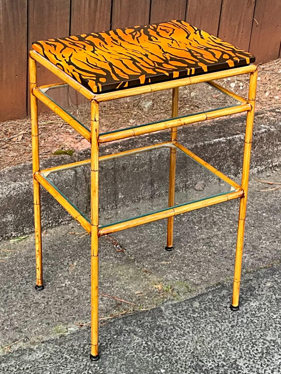 Italian Regency Style Faux Bamboo Tole Side Tables W/ Hand Painted Tiger Tops - Pair
