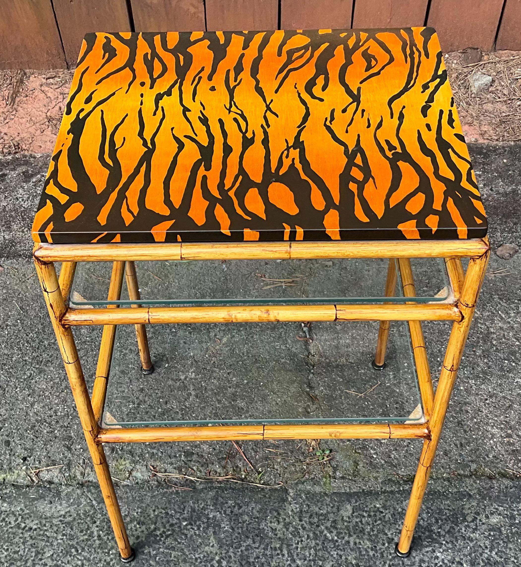 Regency Style Faux Bamboo Tole Side Tables W/ Hand Painted Tiger Tops - Pair In Good Condition In Kennesaw, GA