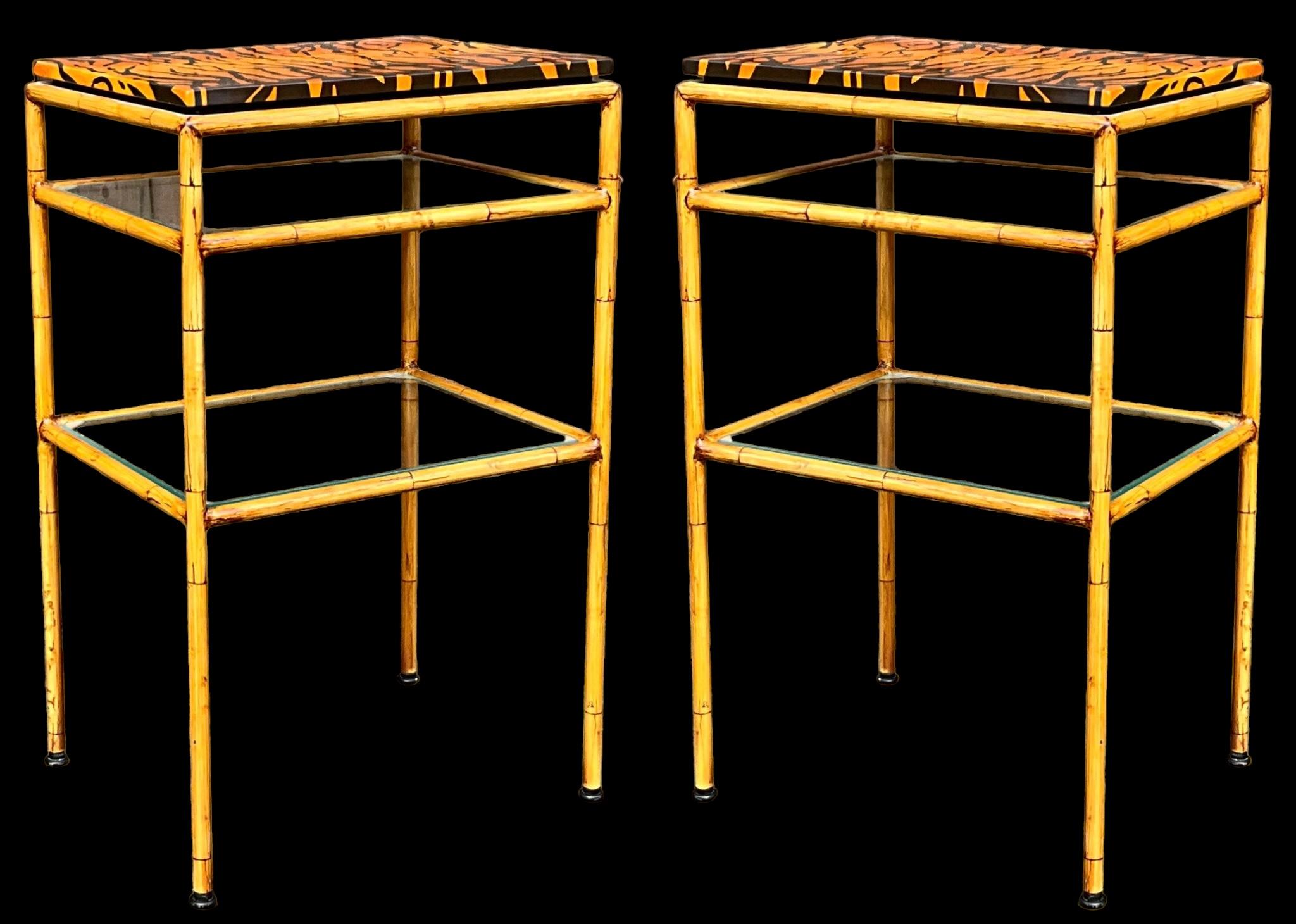20th Century Regency Style Faux Bamboo Tole Side Tables W/ Hand Painted Tiger Tops - Pair