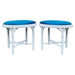 Regency Style Faux Bamboo White Lacquered Ottomans In Blue Silk - Pair