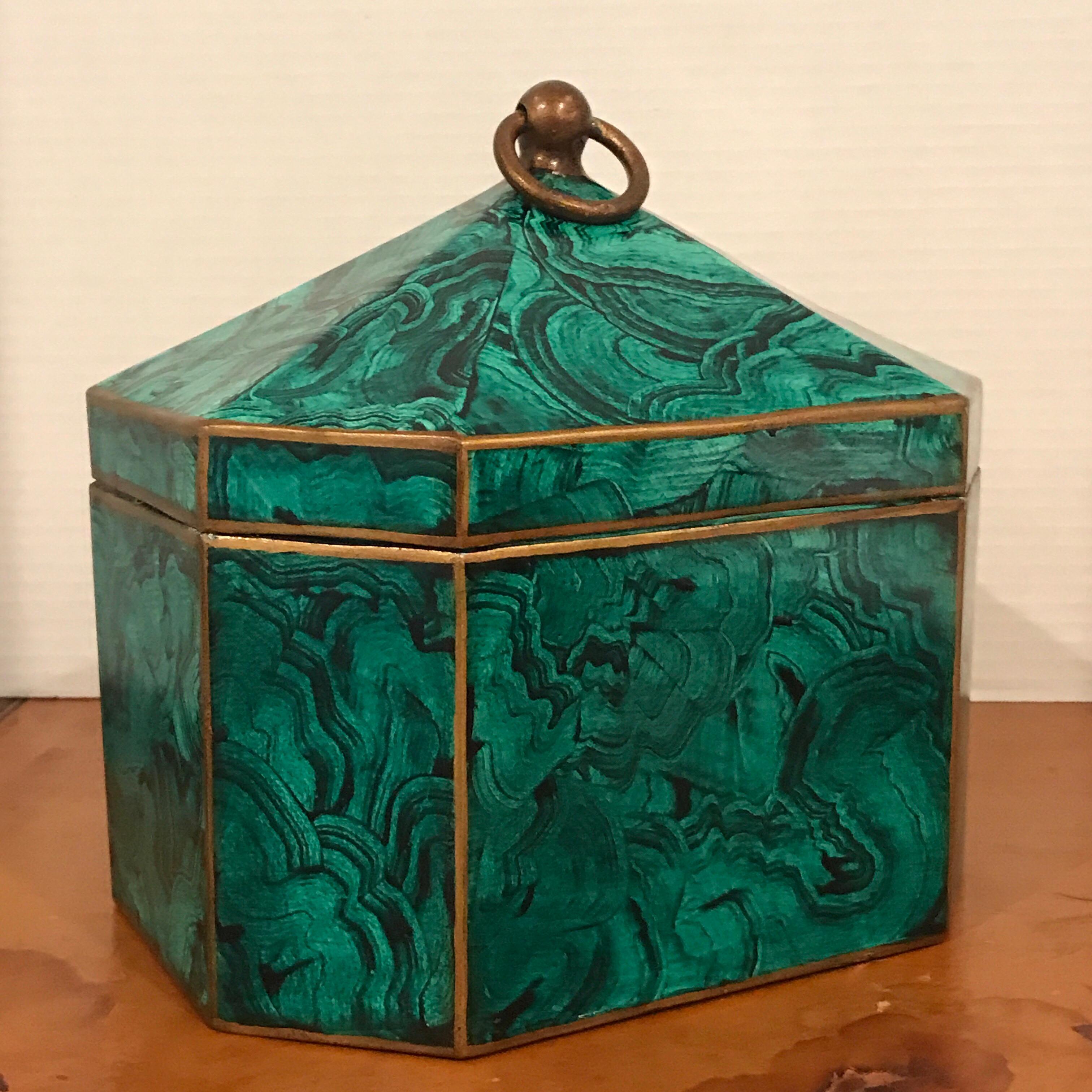 Regency style Faux malachite tole box with ring handles, by Maitland Smith, of substantial size, realistically painted and enameled.
