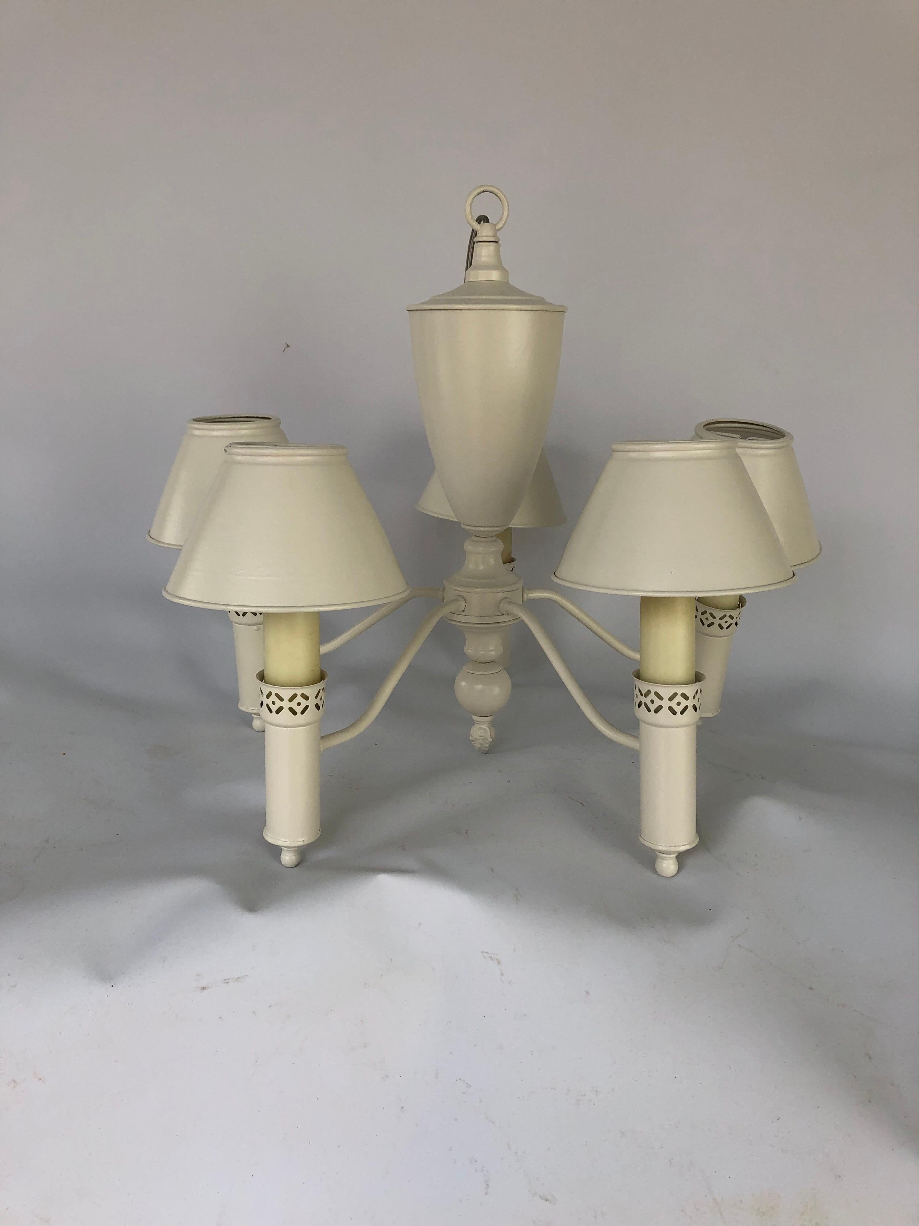 Contemporary Regency style five-light tole chandelier. Tole shades. Newly
painted China white and new wiring. Ready to hang.