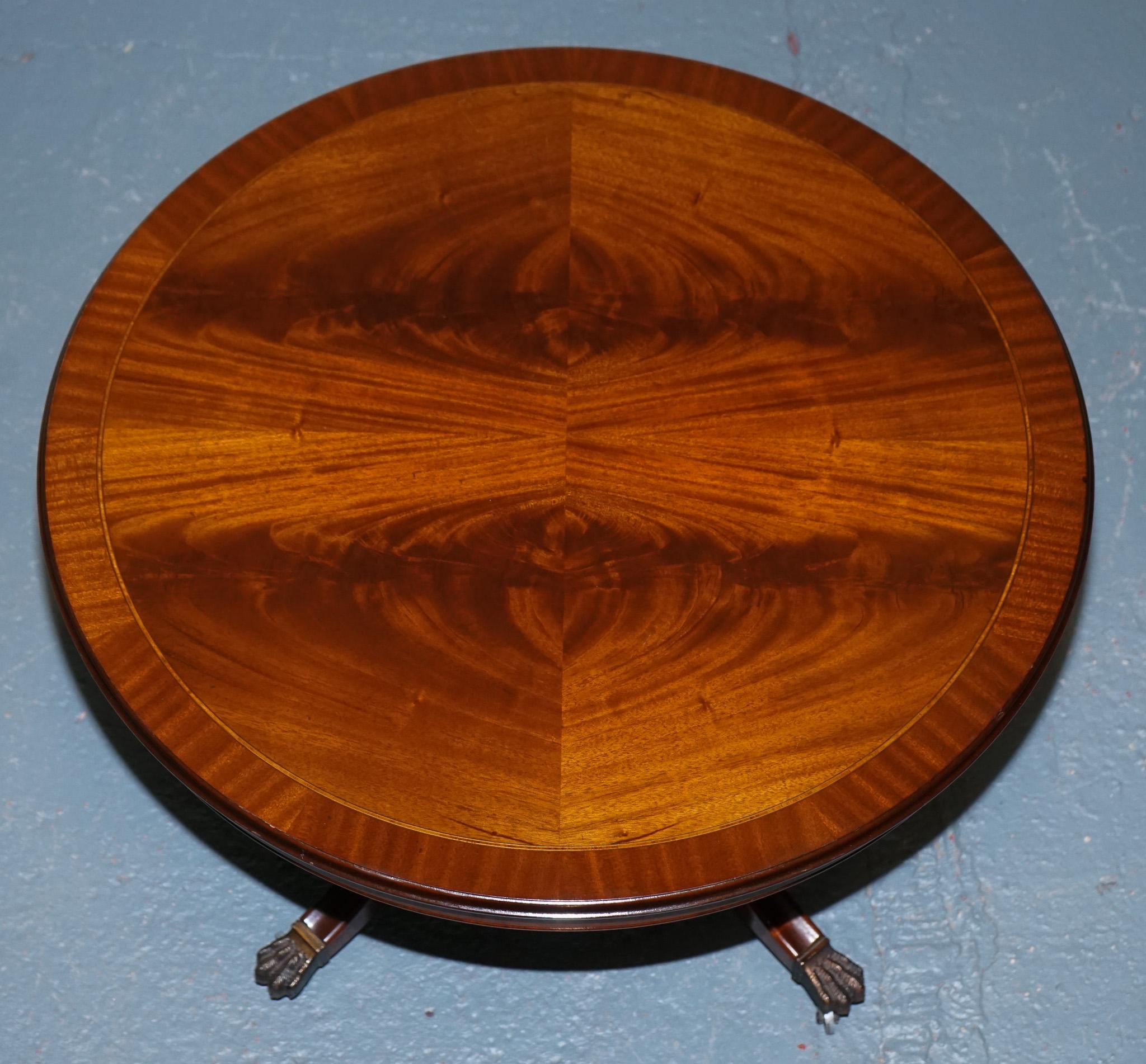 Hand-Crafted REGENCY STYLE FLAMED HARDWOOD SMALL DRUM TABLE PEDESTAL WITH LiON PAW FEET For Sale