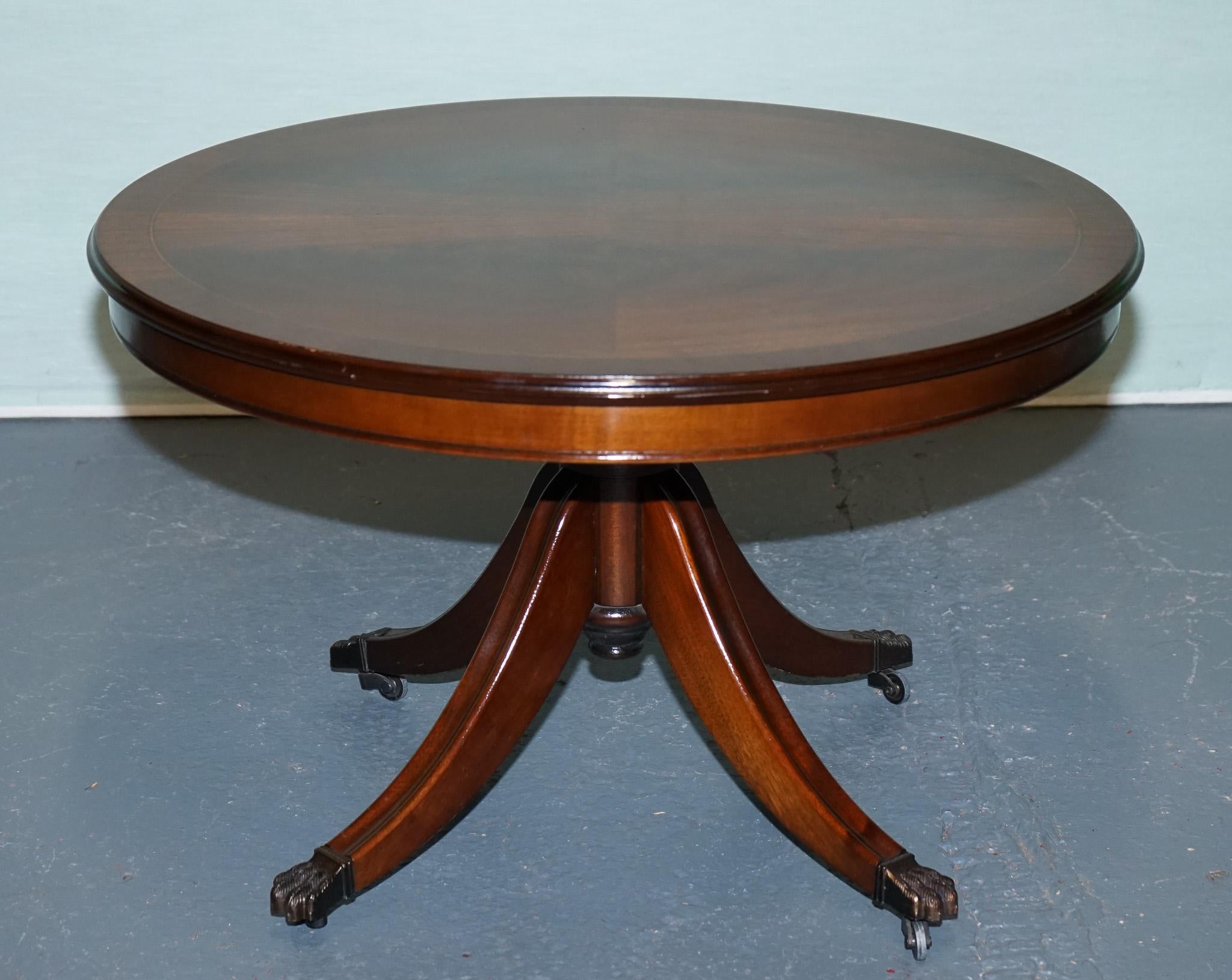 REGENCY STYLE FLAMED HARDWOOD SMALL DRUM TABLE PEDESTAL WITH LiON PAW FEET For Sale 1