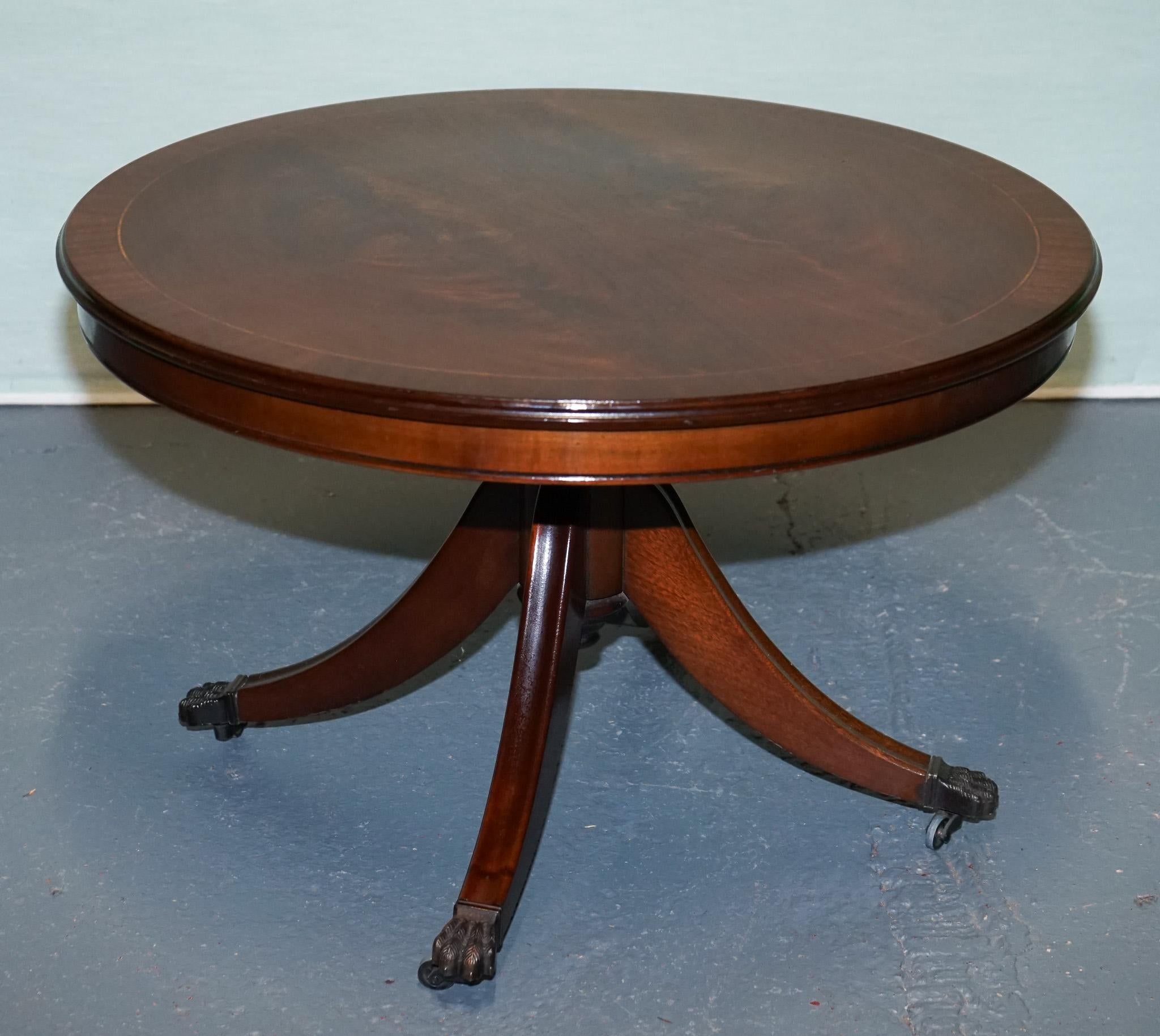 REGENCY STYLE FLAMED HARDWOOD SMALL DRUM TABLE PEDESTAL WITH LiON PAW FEET For Sale 2