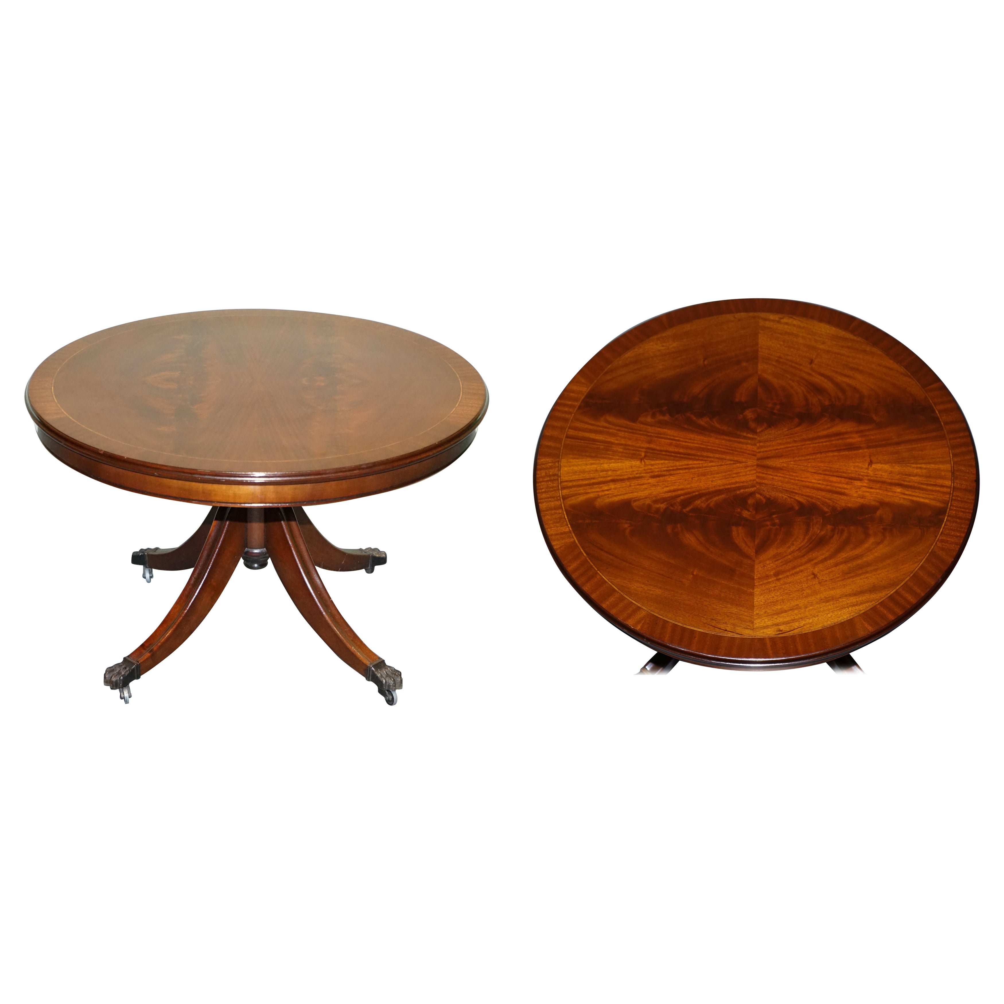 REGENCY STYLE FLAMED HARDWOOD SMALL DRUM TABLE PEDESTAL WITH LiON PAW FEET For Sale