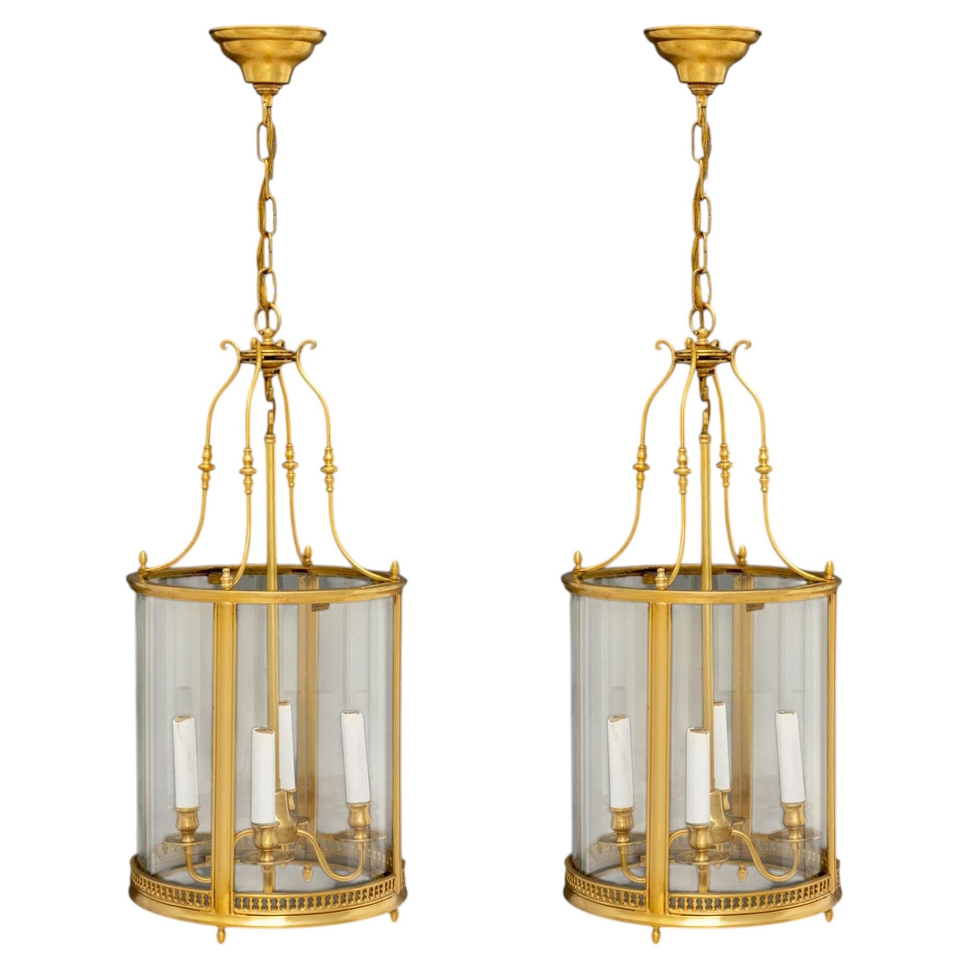 Regency Style Gilt Brass Hanging Lanterns, Candlestick Form Light Fitting, Pair
