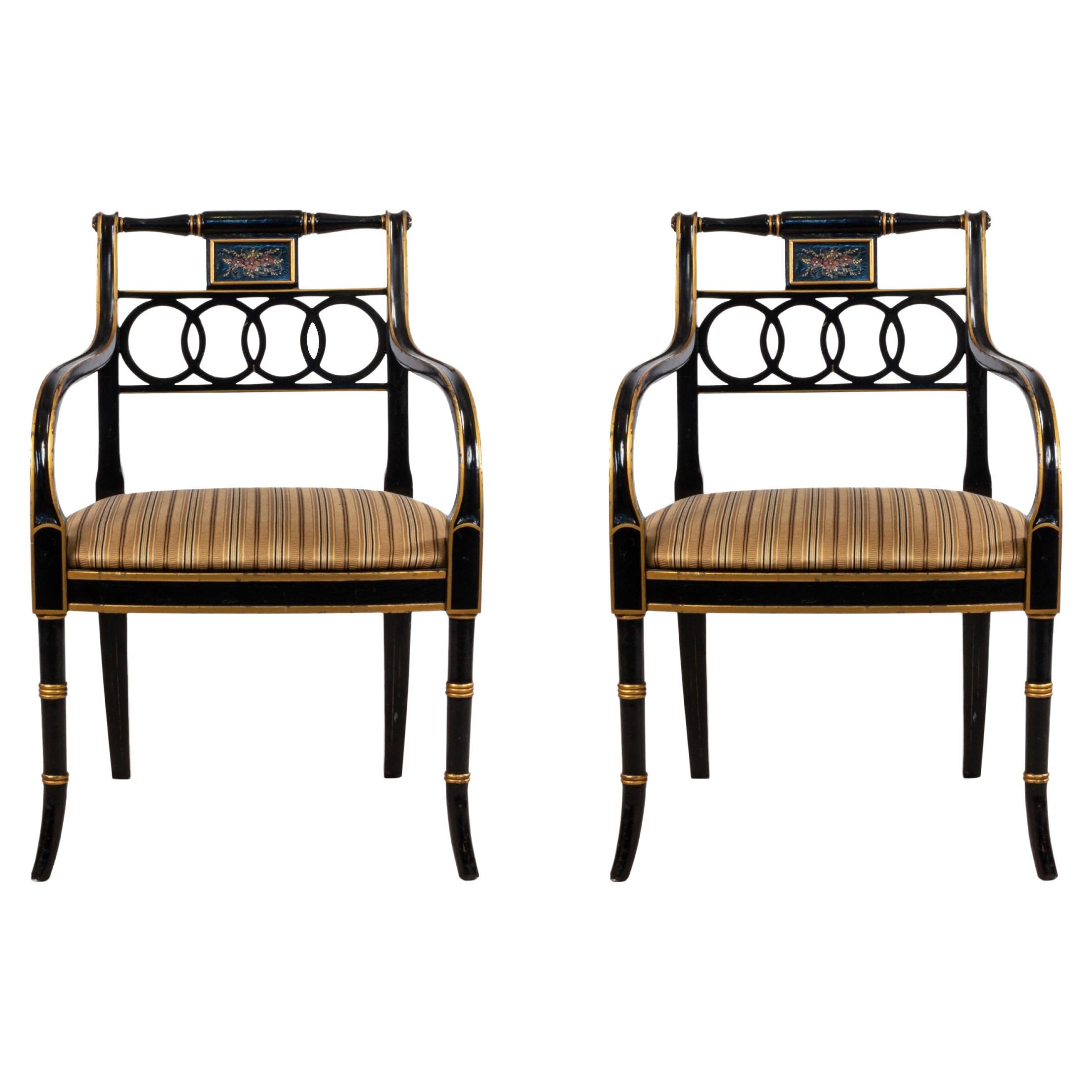 Regency Style Gilt Lacquer Ring Back Armchairs with Gold Seats
