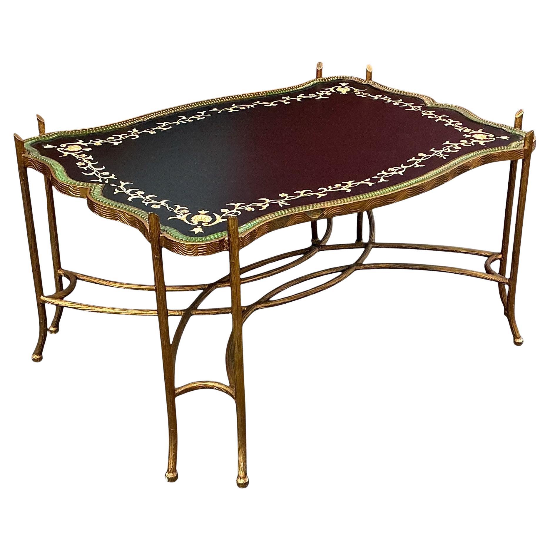 Regency Style Gilt Metal Faux Bois Tray Top Form Coffee Table Att. Dennis & Leen