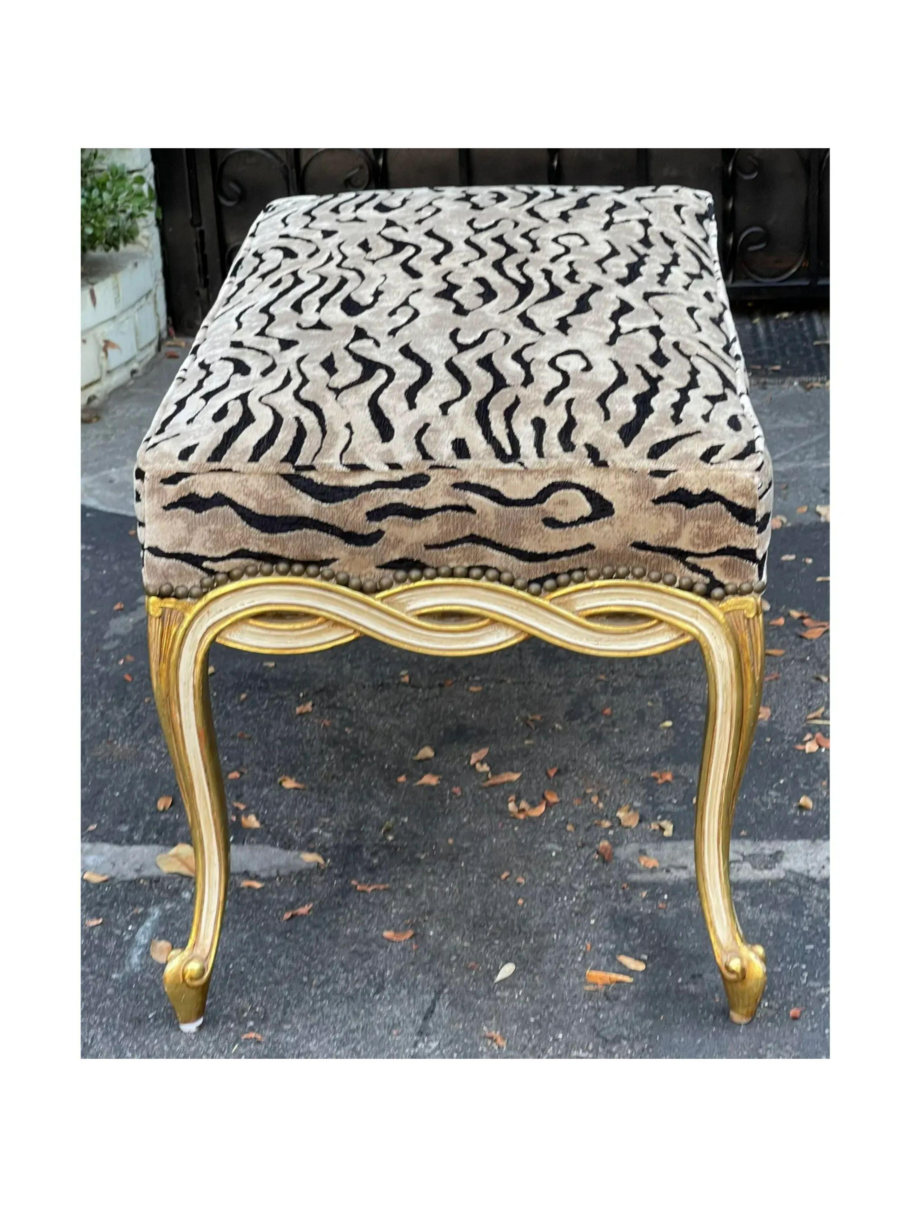 Regency Style Giltwood Ribbon Bench with Zebra Velvet by Randy Esada Designs In Good Condition For Sale In LOS ANGELES, CA