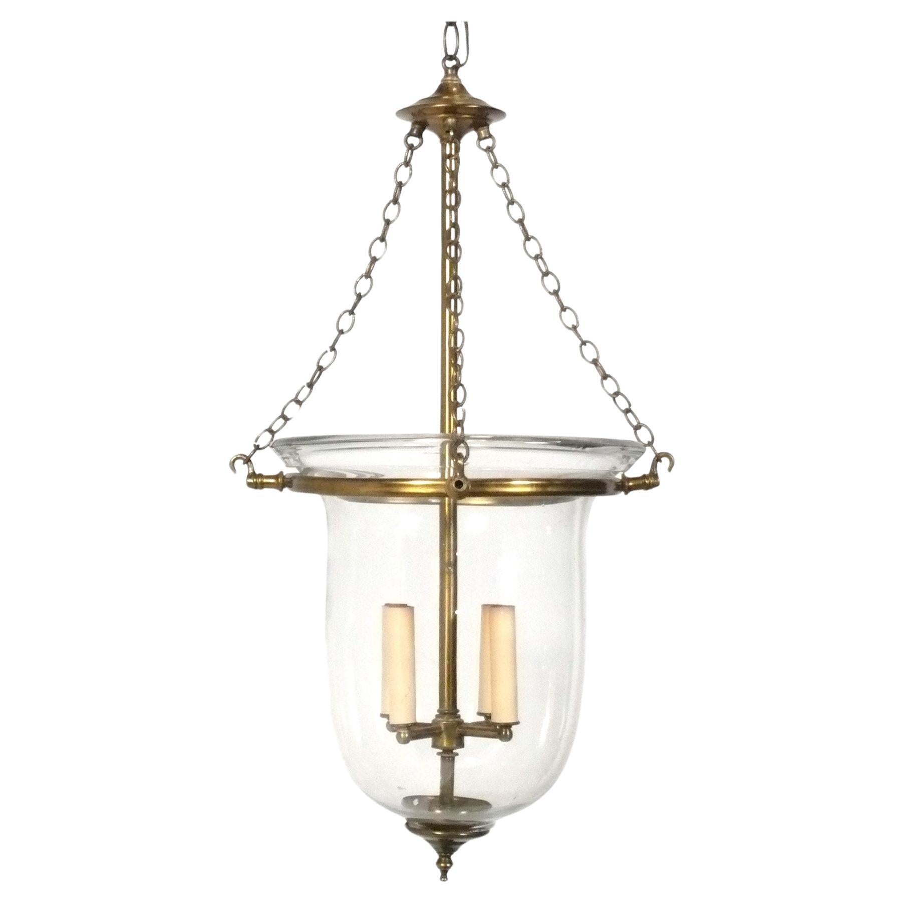 Regency Style Glass and Brass Bell Jar Chandelier or Pendant Light