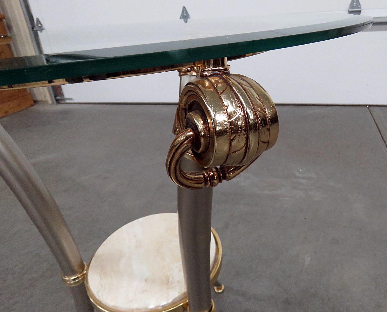 Regency Style Steel Brass Marble and Glass Top Side Table 2