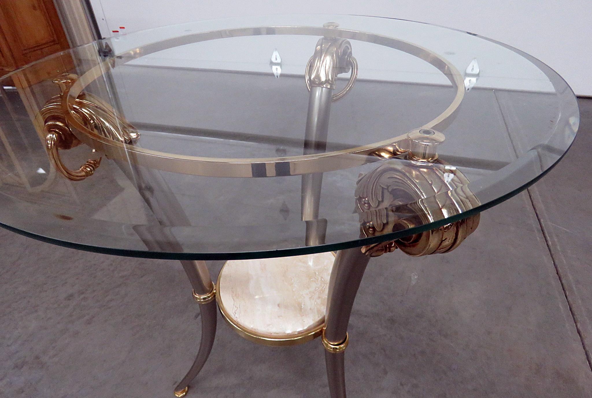 Regency Style Steel Brass Marble and Glass Top Side Table 3