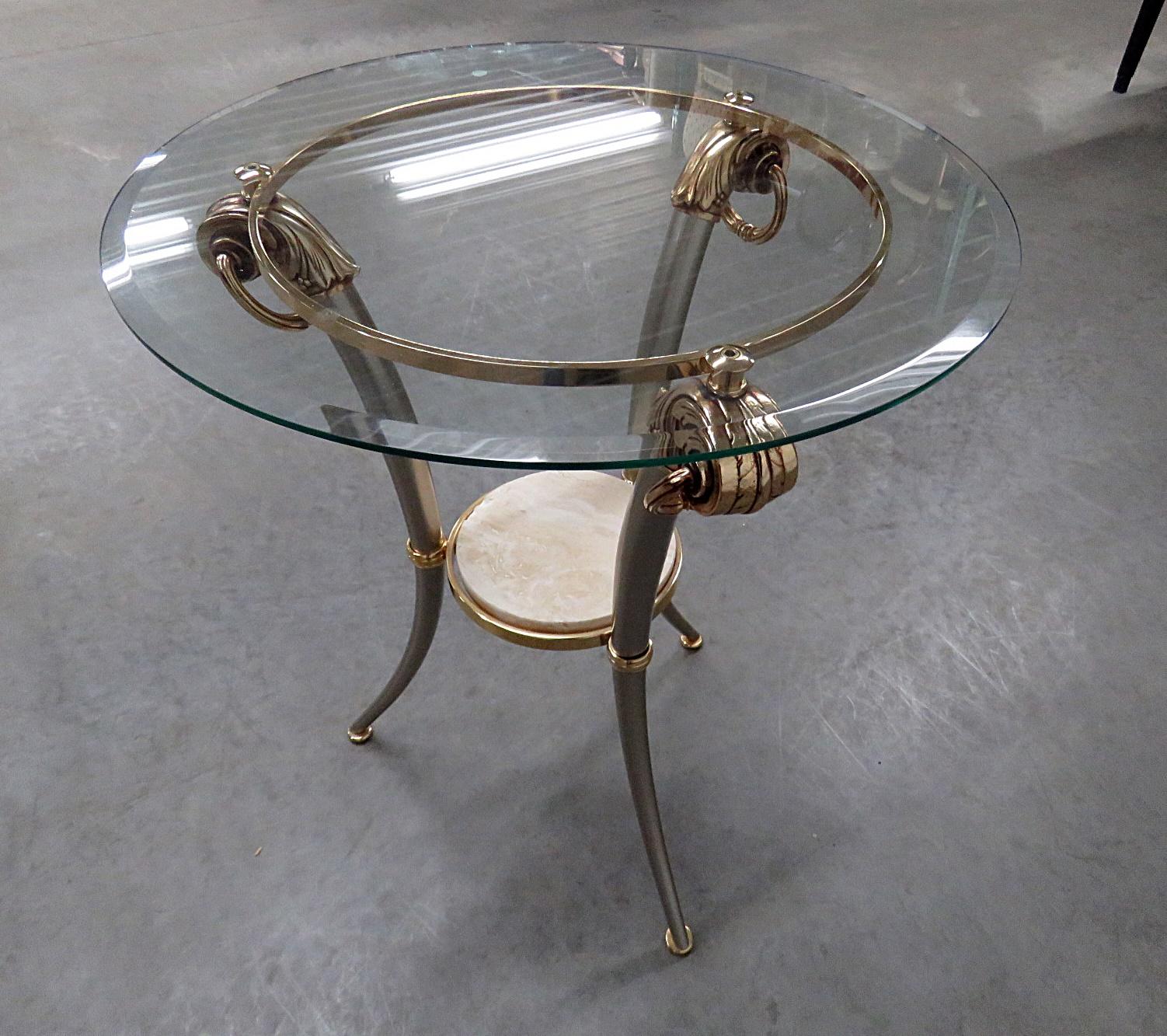 Regency Style Steel Brass Marble and Glass Top Side Table 4