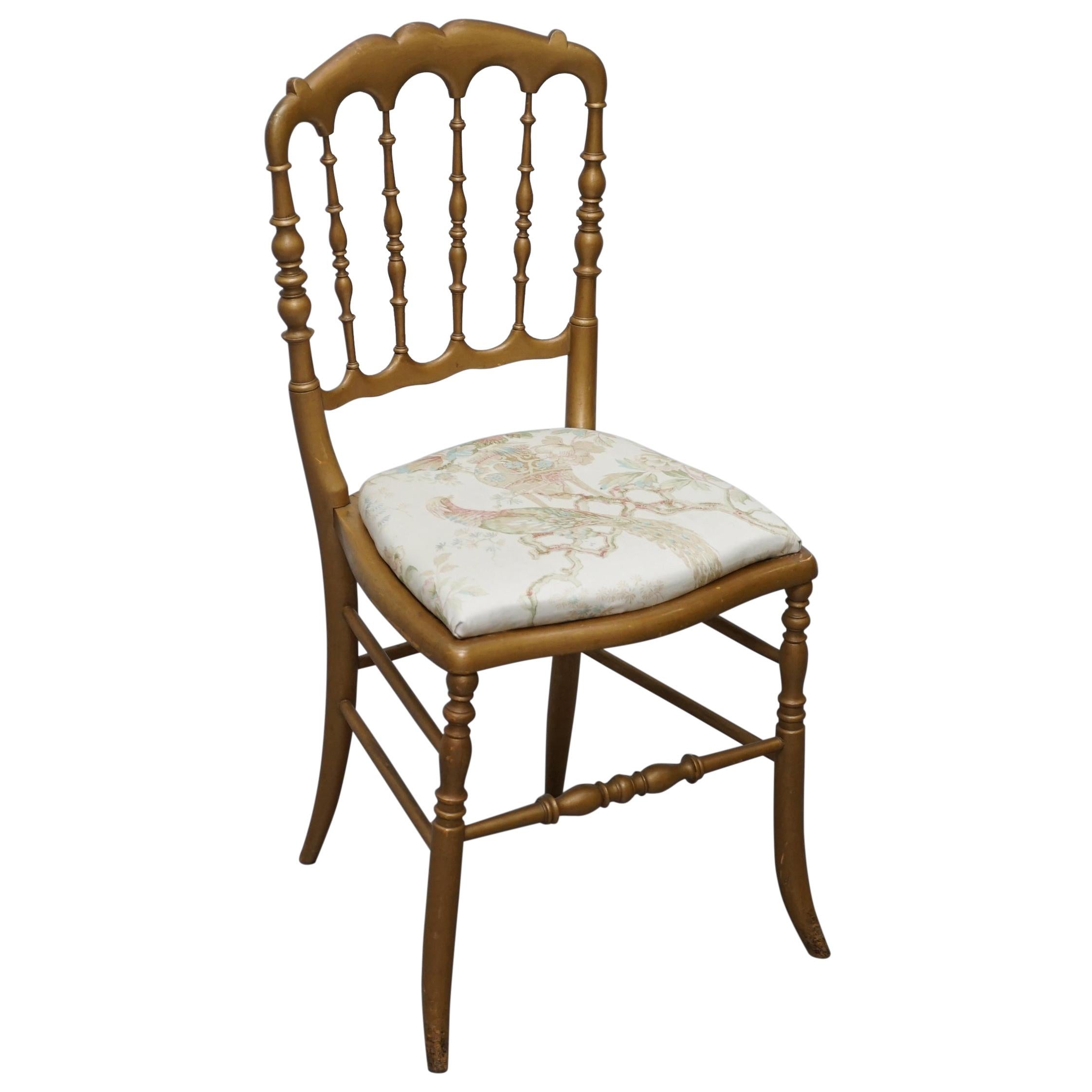 Regency Style Gold Giltwood Spindle Chair circa 1900 Ornate Bird Upholstery For Sale
