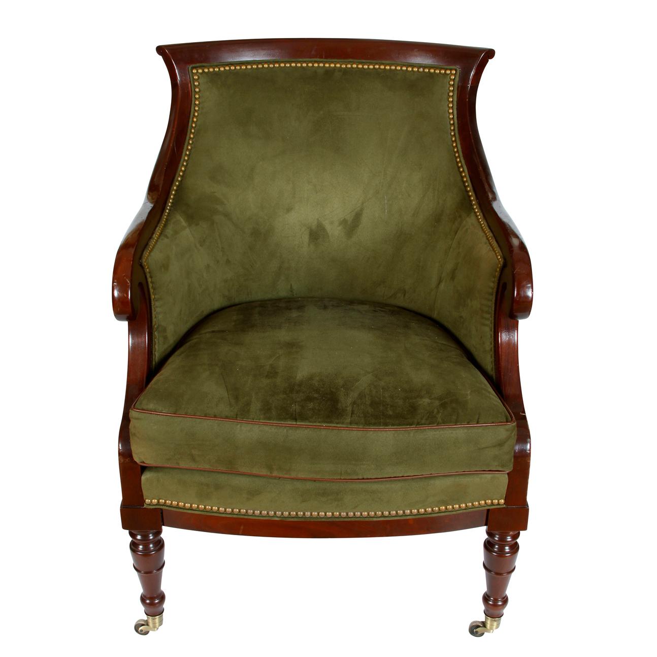 Regency Style Green Velvet Armchair In Good Condition In Locust Valley, NY
