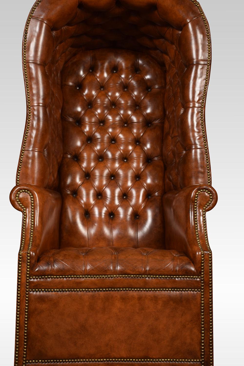 Regency style hall porter’s chair the domed top, back, sides and seat covered in close-nailed leather, the back and seat deep buttoned. All raised up on castors.
Dimensions:
Height 62 inches, Height to seat 20 inches
Width 31.5 inches
Depth 35