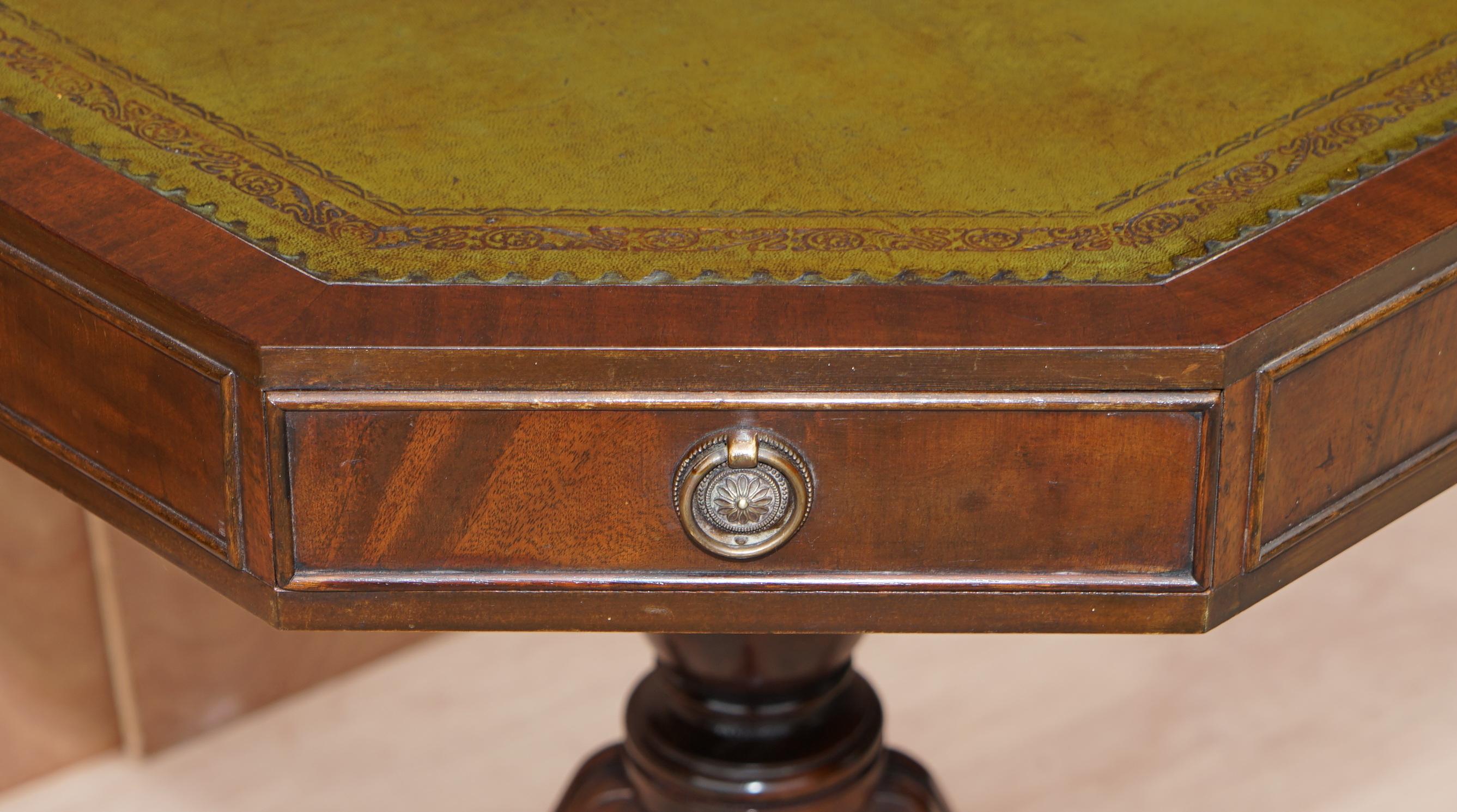 Regency Style Hardwood Green Leather Side End Lamp Wine Drum Table with Drawers 4
