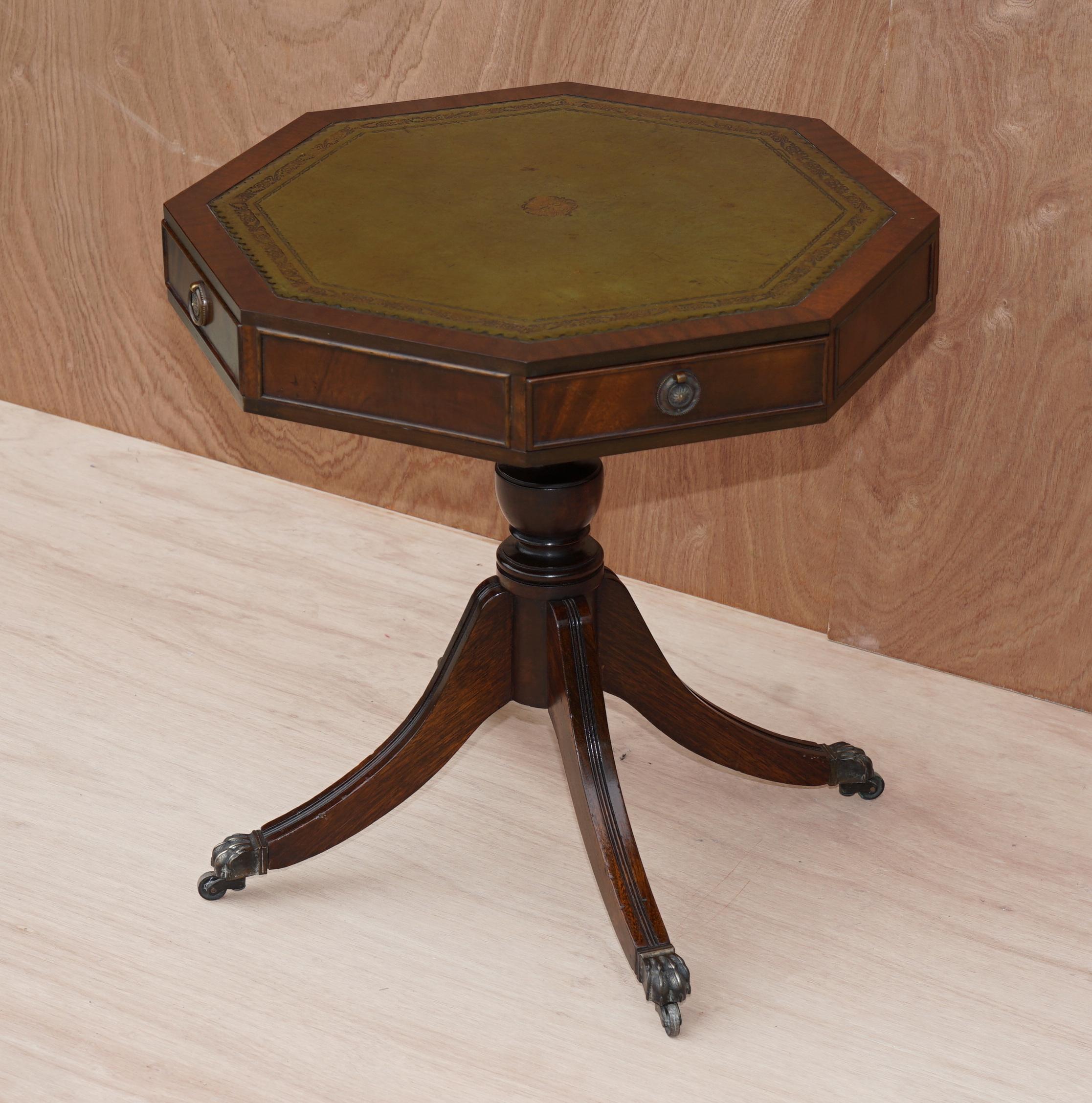 English Regency Style Hardwood Green Leather Side End Lamp Wine Drum Table with Drawers