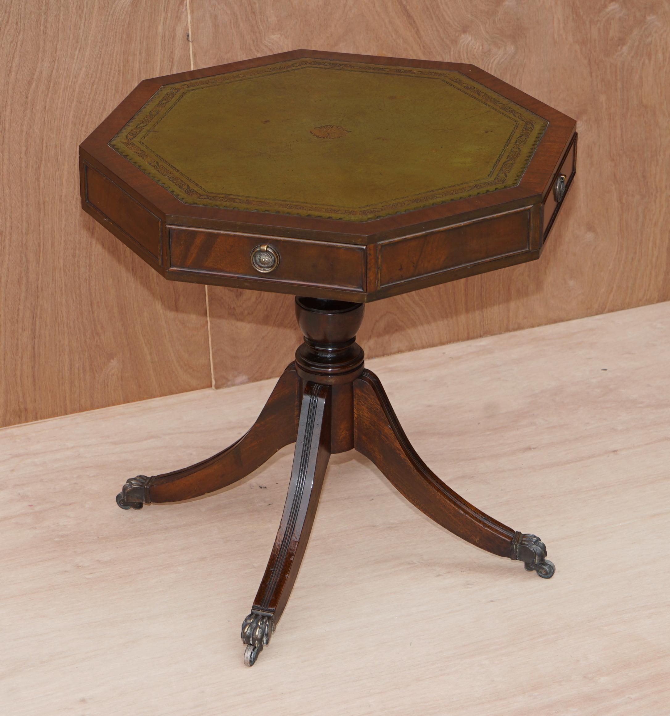 Hand-Crafted Regency Style Hardwood Green Leather Side End Lamp Wine Drum Table with Drawers