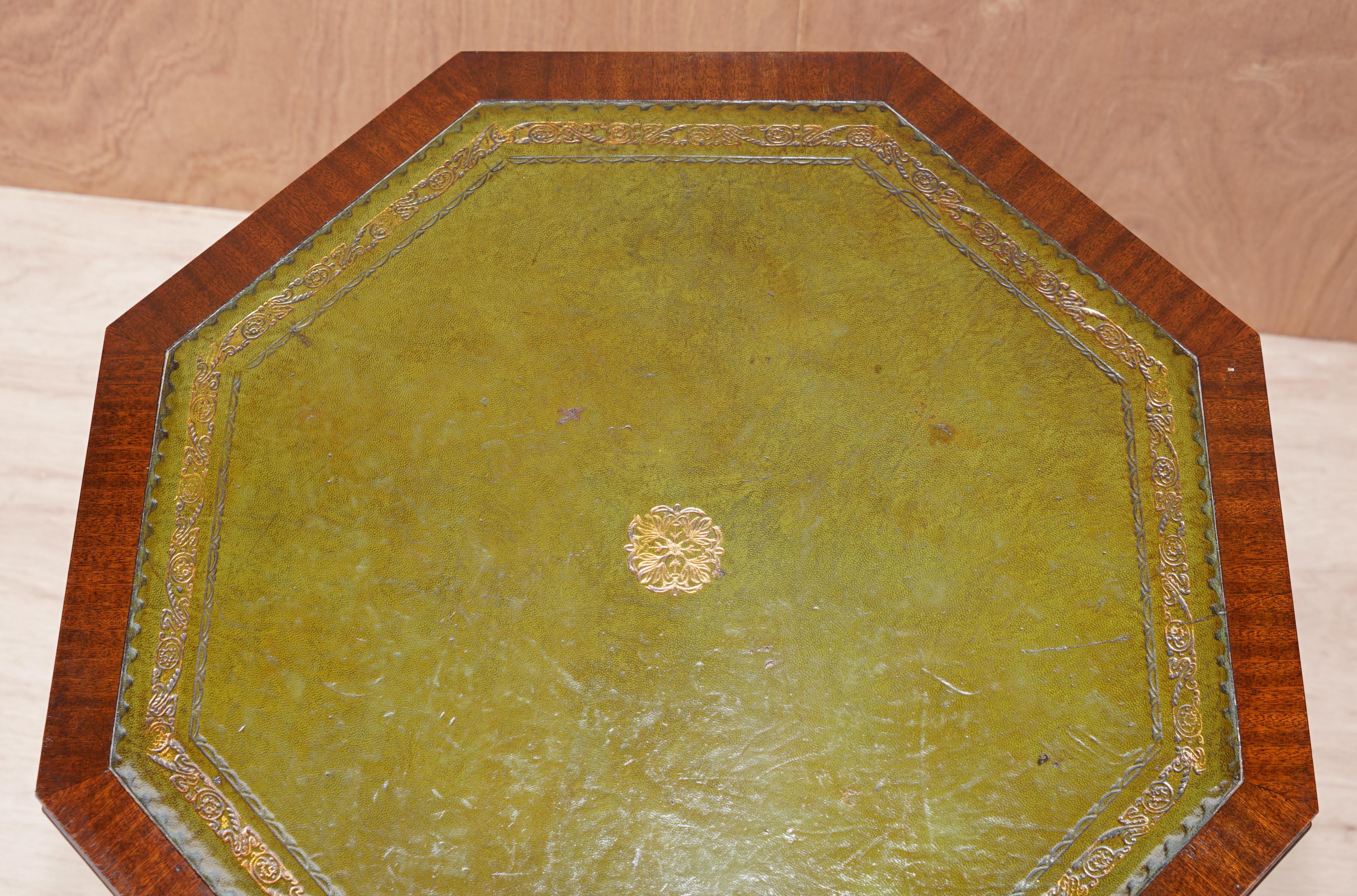 20th Century Regency Style Hardwood Green Leather Side End Lamp Wine Drum Table with Drawers
