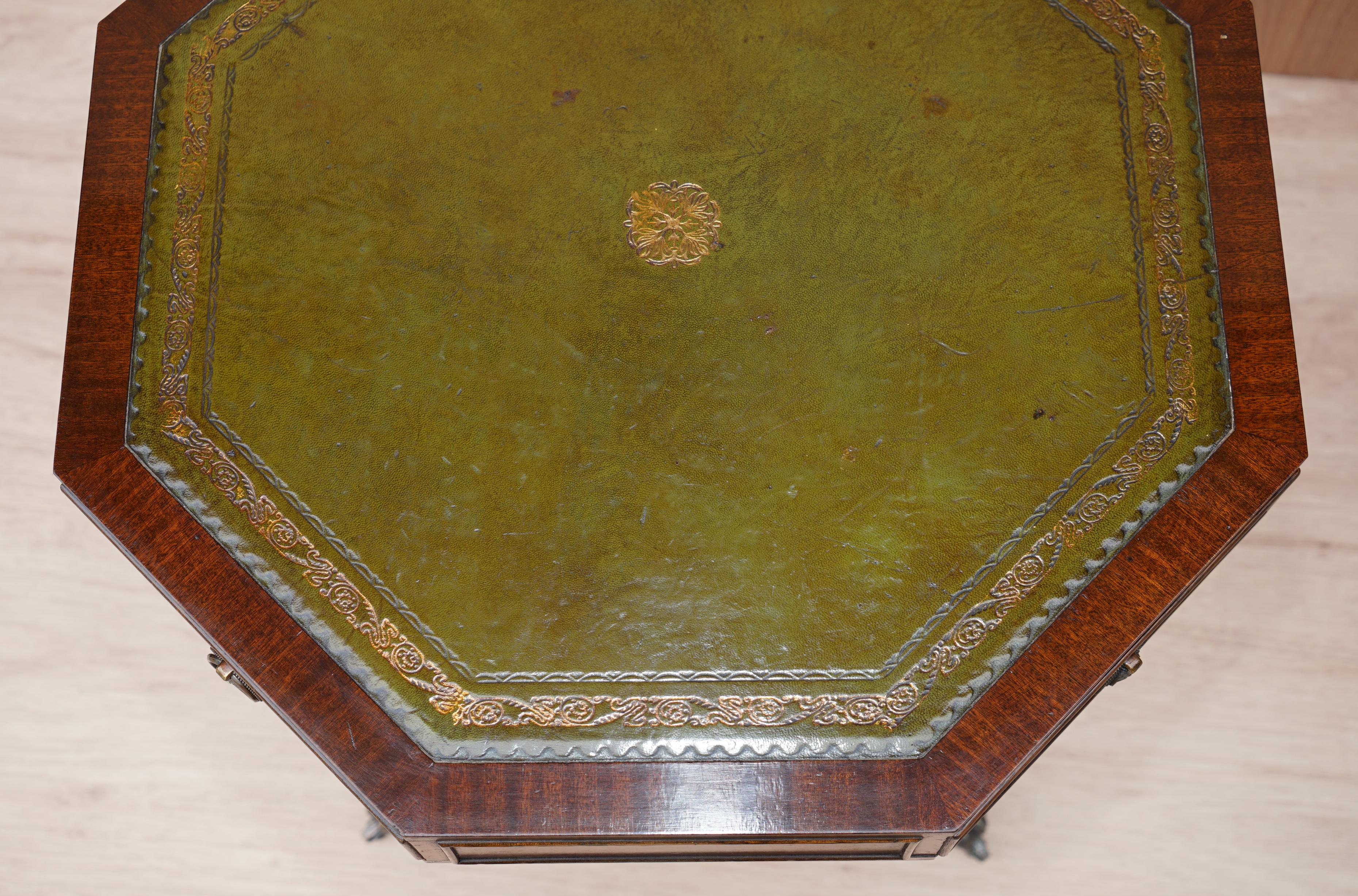 Regency Style Hardwood Green Leather Side End Lamp Wine Drum Table with Drawers 1
