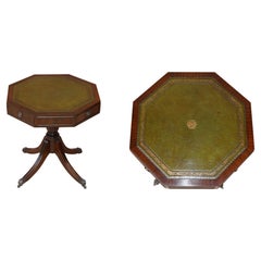 Regency Style Hardwood Green Leather Side End Lamp Wine Drum Table with Drawers
