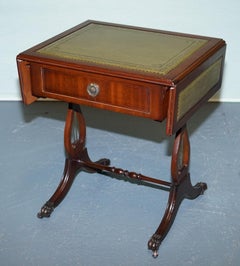 REGENCY STYLE HARDWOOD SIDE TABLE WITH GREEN LEATHER iNSET TOP & DROP LEAVES