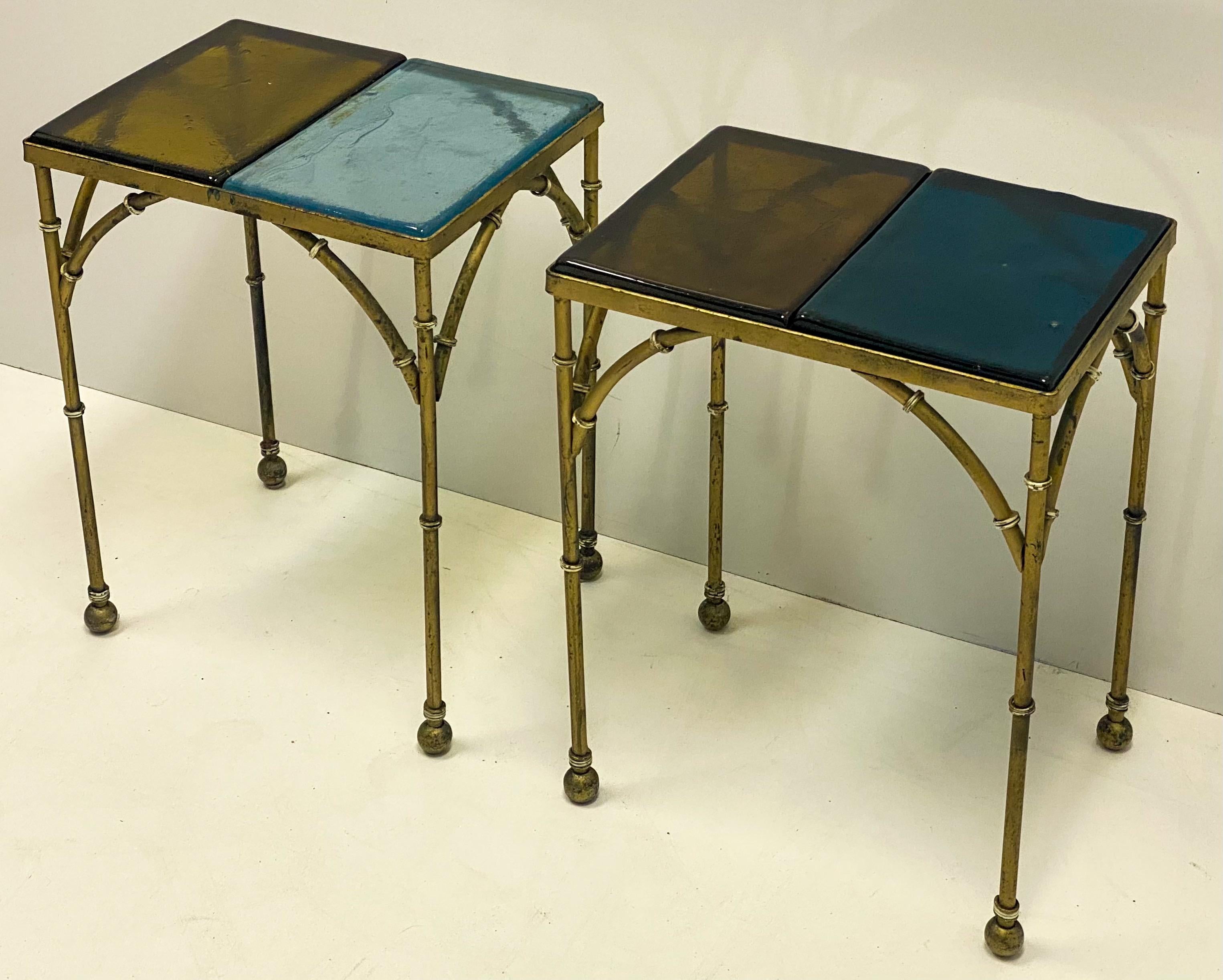 Italian Regency Style Heavy Cast Brass and Hand Blown Glass Faux Bamboo Tables, Pair