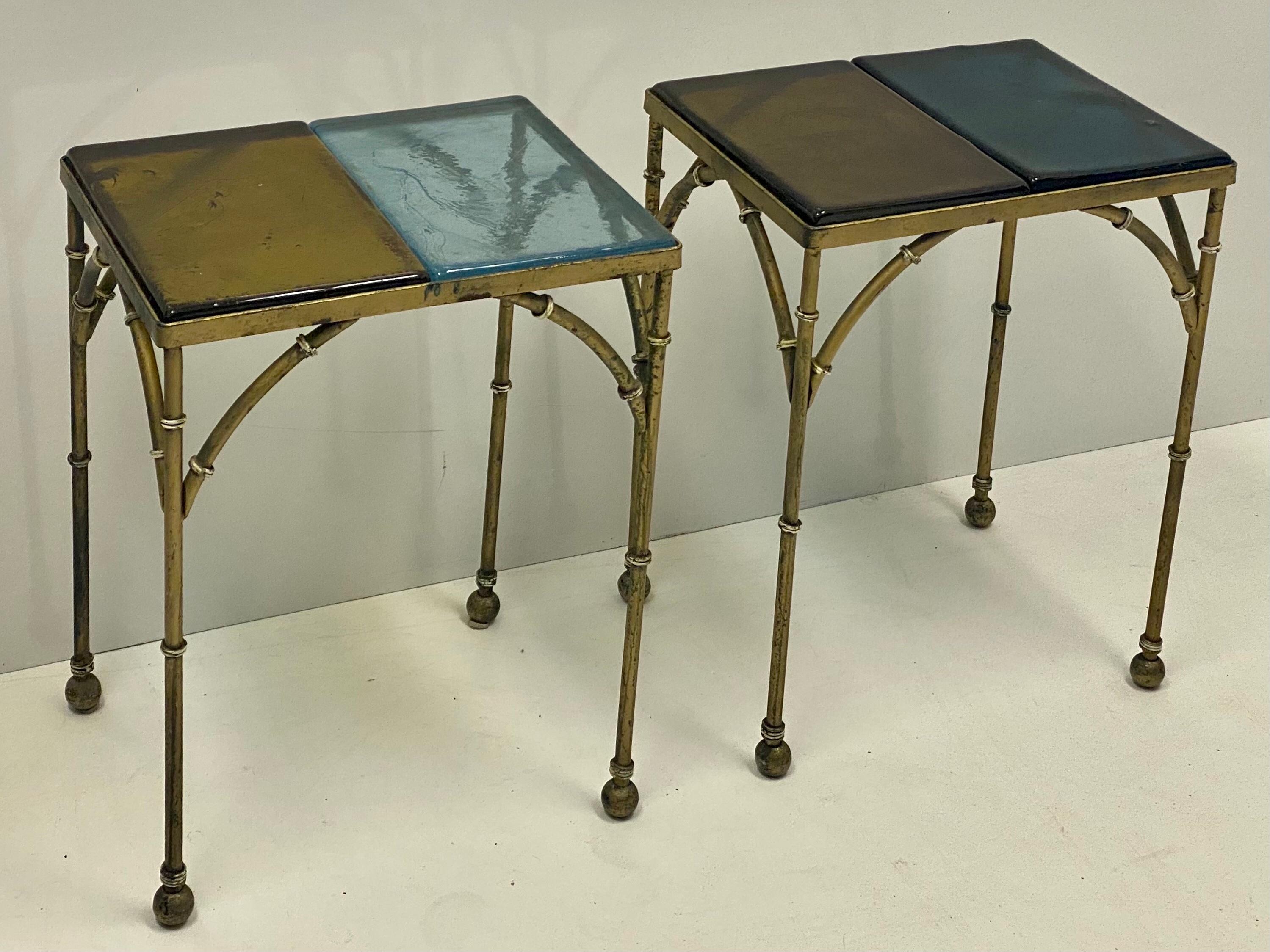 Regency Style Heavy Cast Brass and Hand Blown Glass Faux Bamboo Tables, Pair In Good Condition In Kennesaw, GA