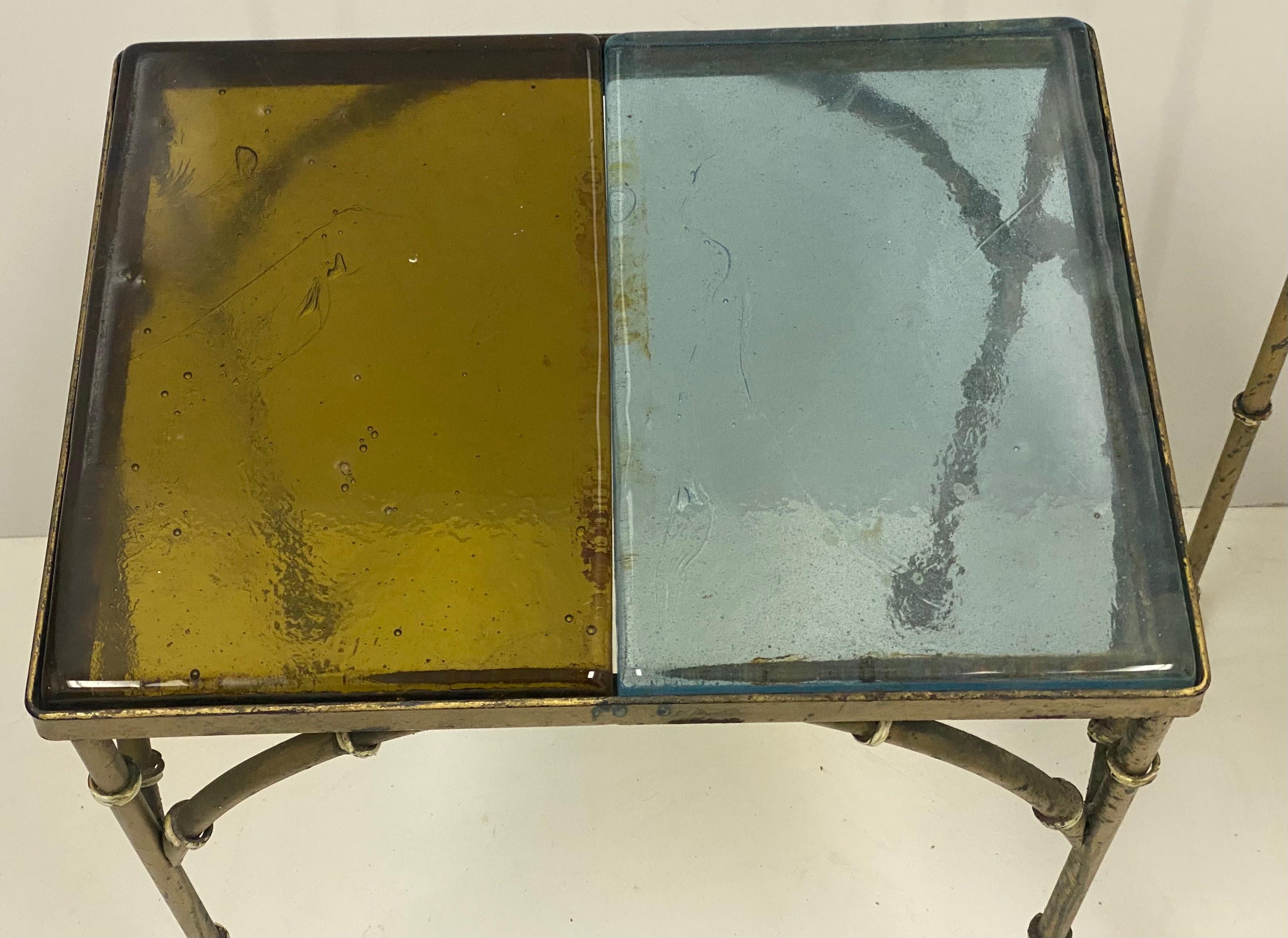 Mid-20th Century Regency Style Heavy Cast Brass and Hand Blown Glass Faux Bamboo Tables, Pair