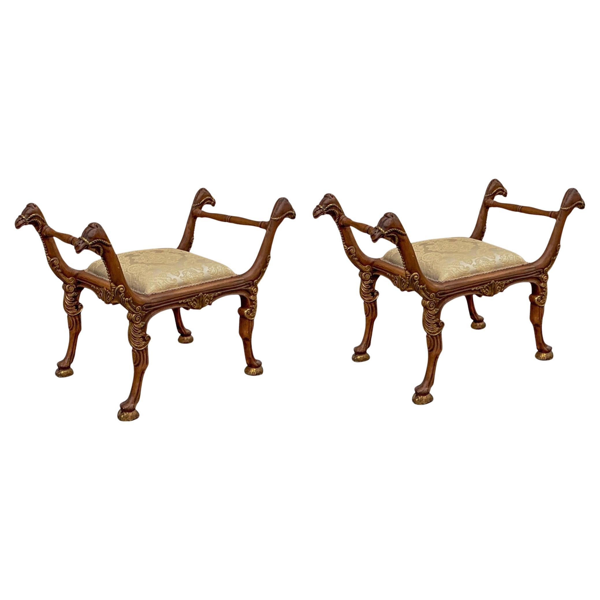 Regency Style Italian Carved Giltwood Camel Form Ottomans / Benches - Pair