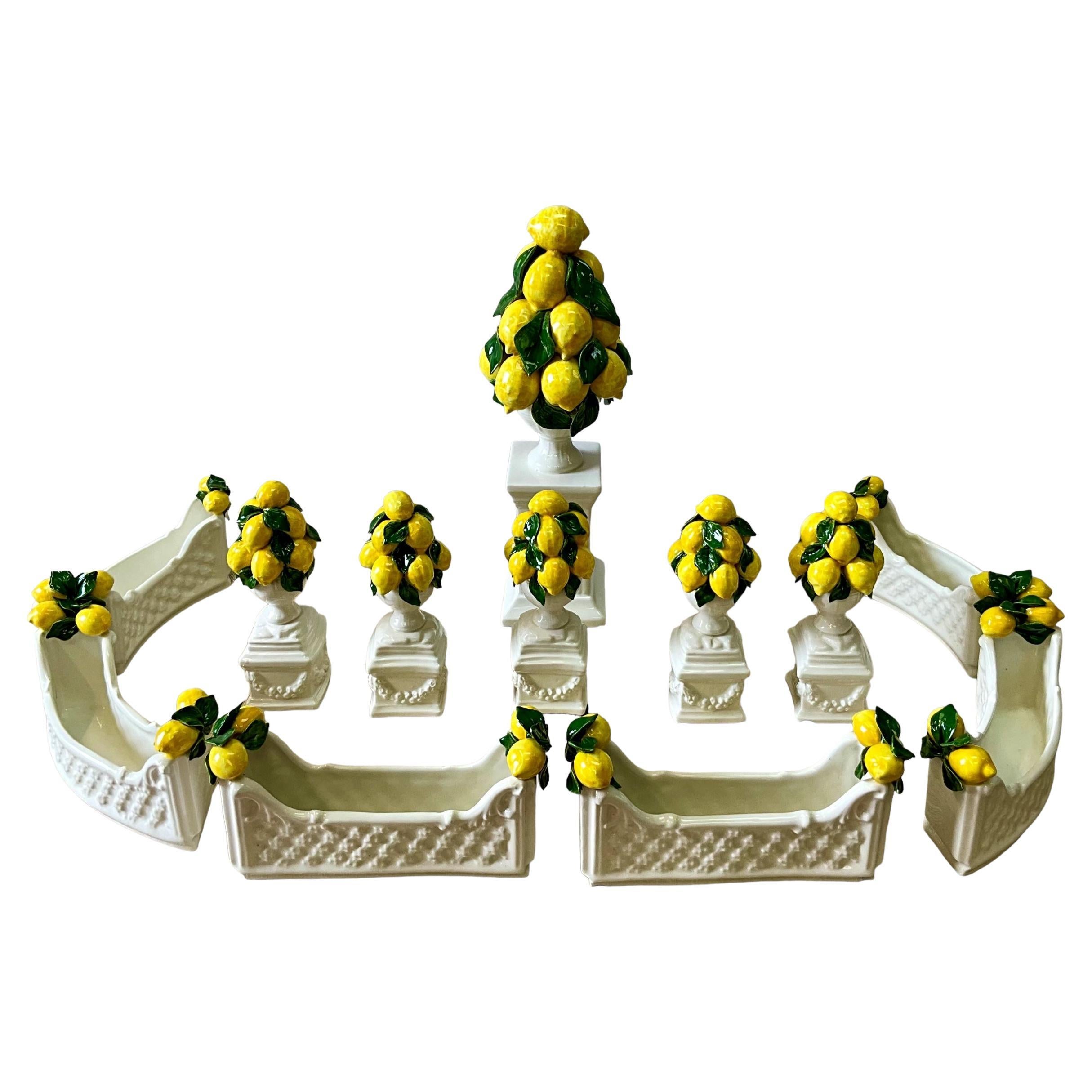 I love this set. I bought this for a project that I was working on, and now it will head off to a new home. It is a Regency style Italian lemon topiary table top centerpiece . It is a 12 piece set of  trellis fence vases and lemon topiary figurines.