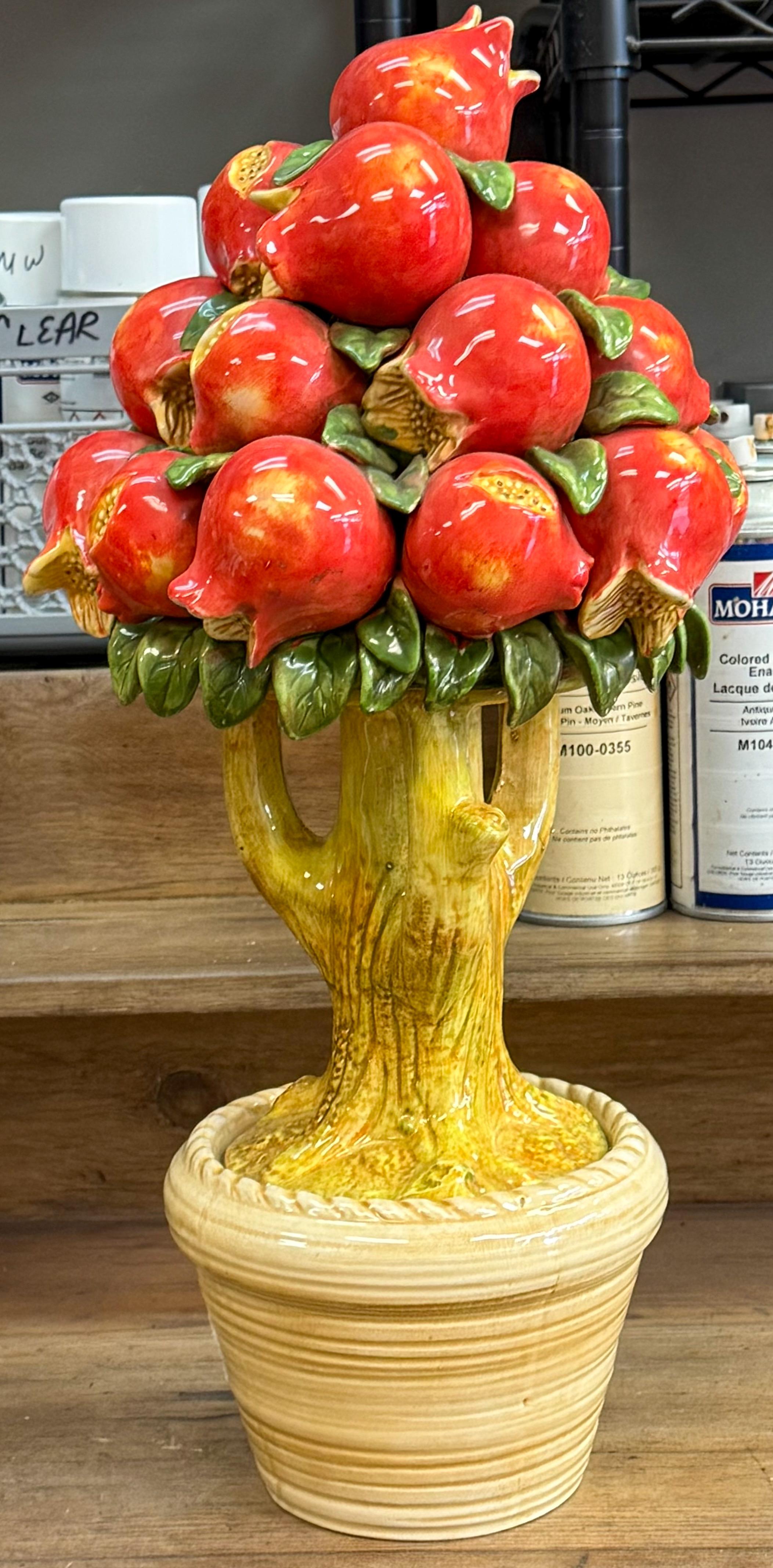Hollywood Regency Regency Style Italian Ceramic Pomegranate Fruit Topiary Figurines - Pair