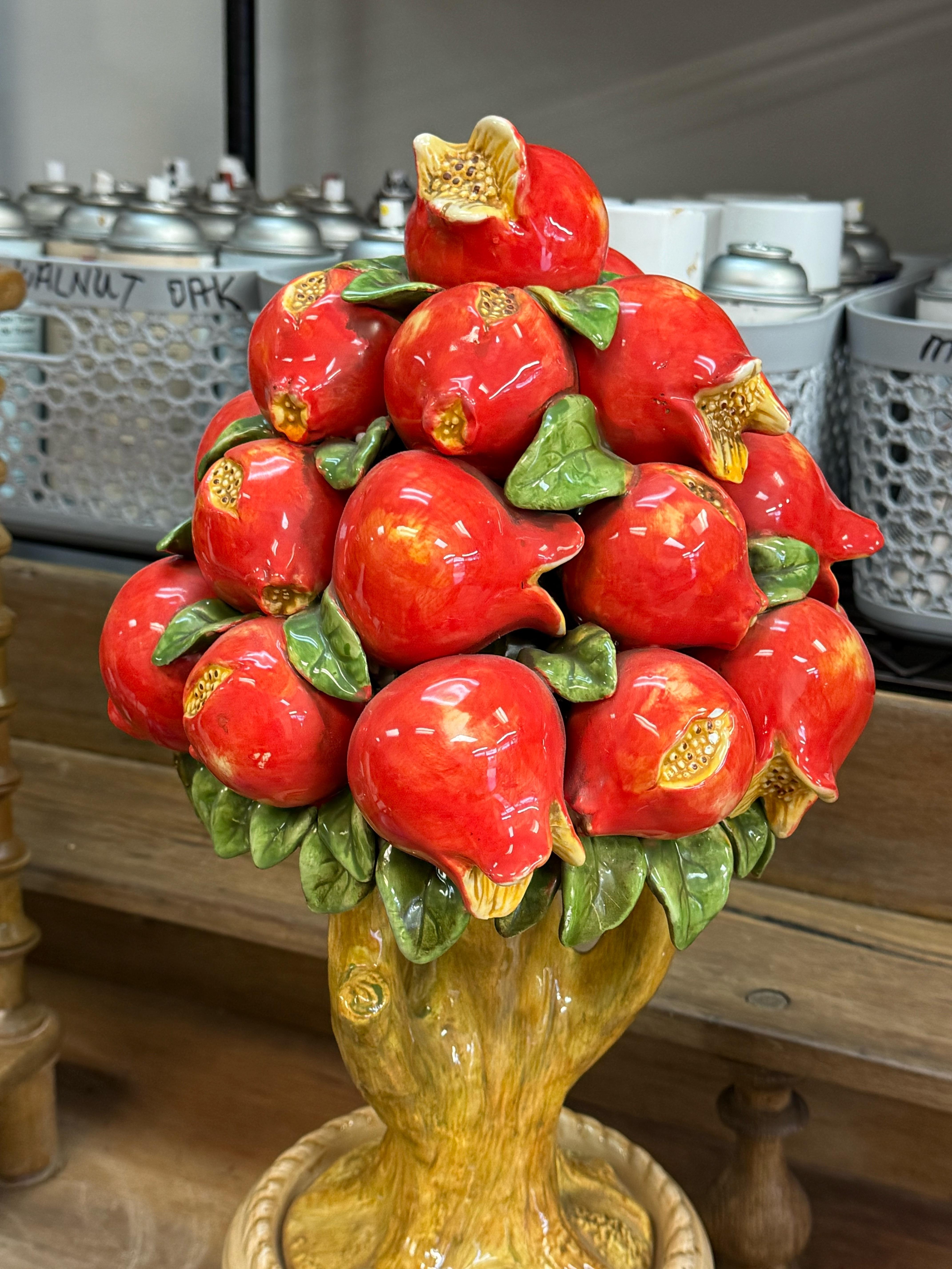 Regency Style Italian Ceramic Pomegranate Fruit Topiary Figurines - Pair In Good Condition In Kennesaw, GA