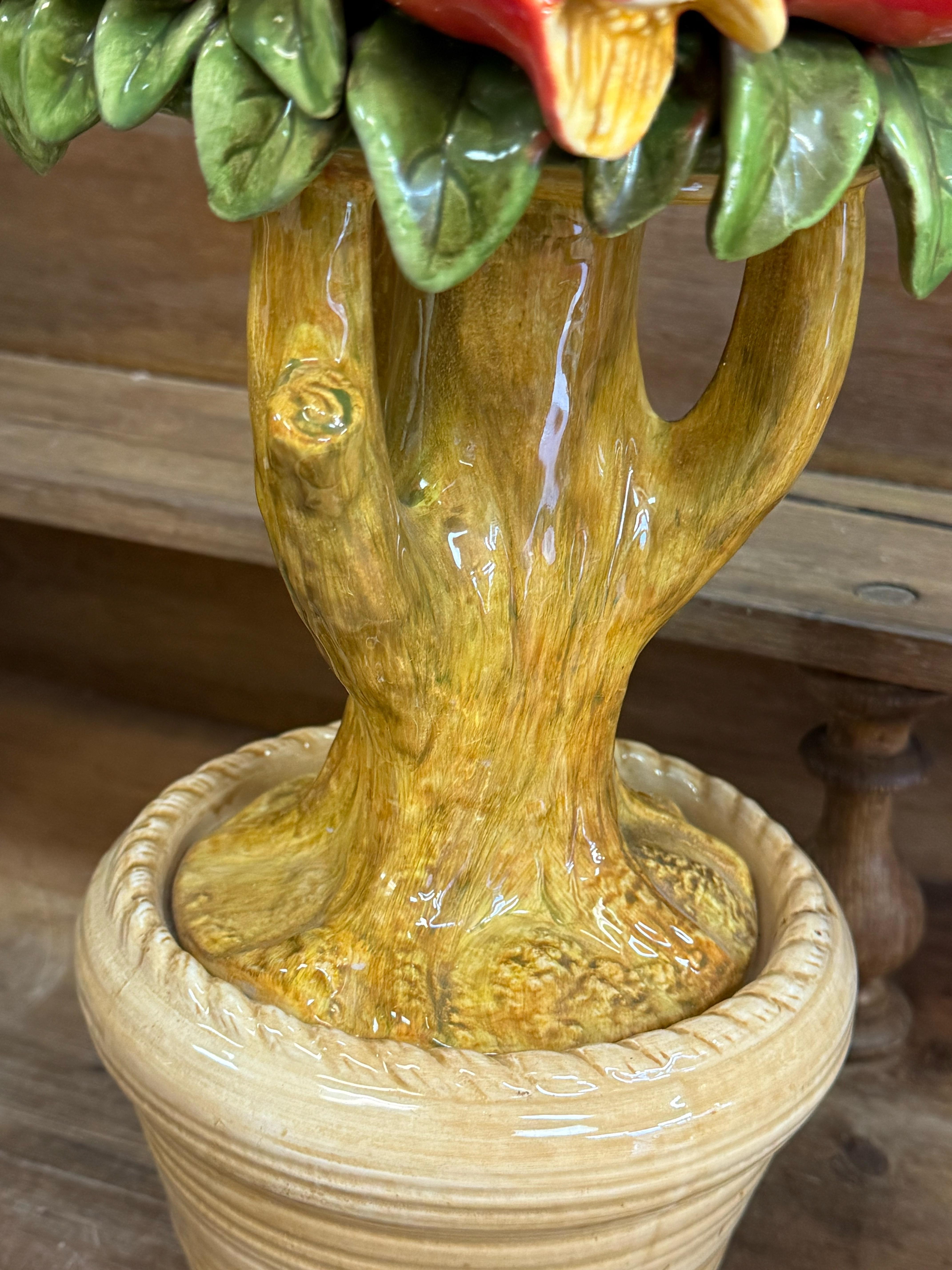 20th Century Regency Style Italian Ceramic Pomegranate Fruit Topiary Figurines - Pair
