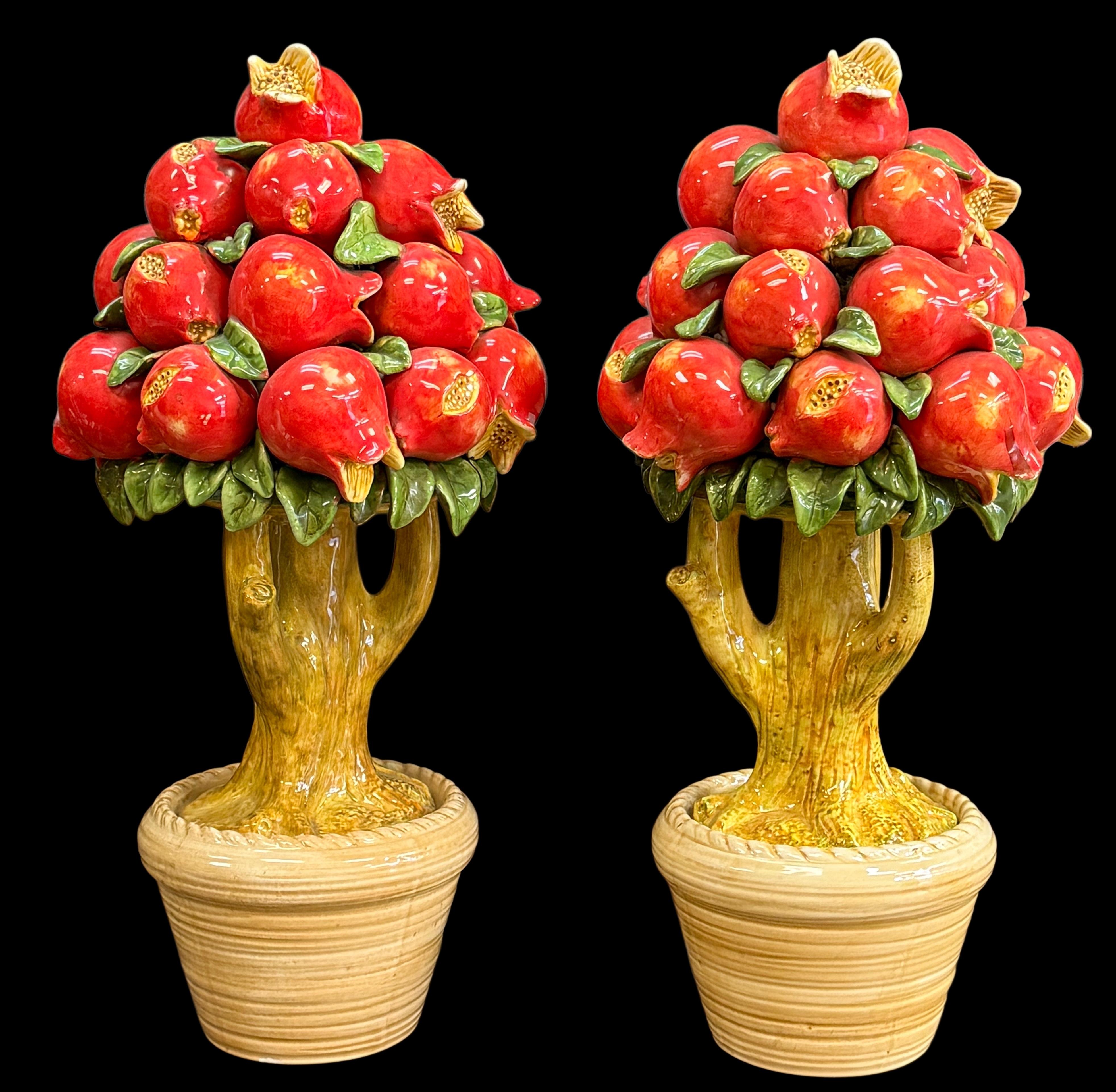 Regency Style Italian Ceramic Pomegranate Fruit Topiary Figurines - Pair 3