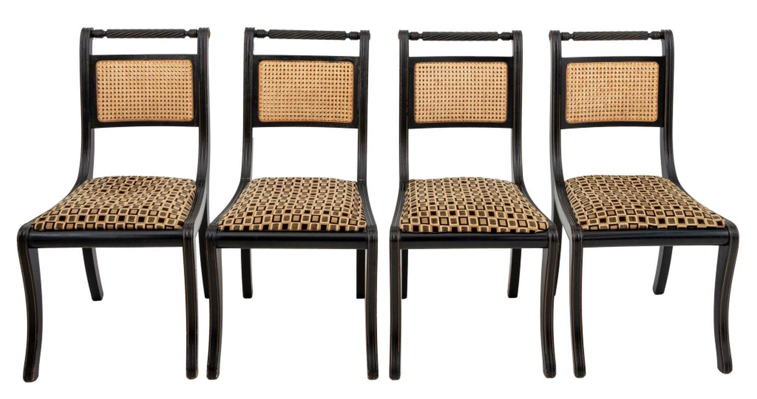 Set of Six Regency Style Italian Dining Chairs, comprising four side chairs and two armchairs, each with upholstered seat, ebonized and gilt accent carved wood frame, and 