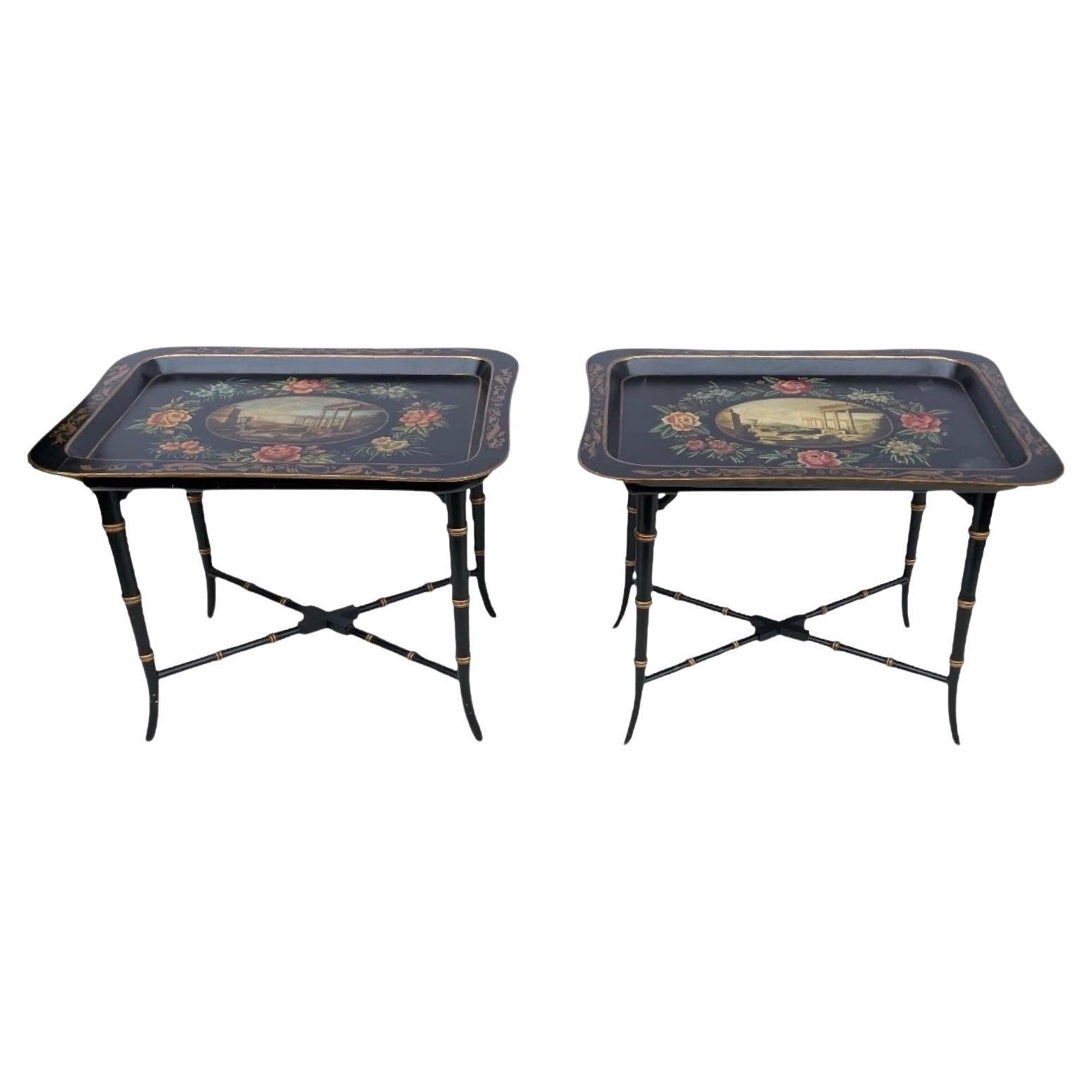 Regency Style Italian Faux Bamboo Tole Painted Tray Coffee Side Tables - Pair