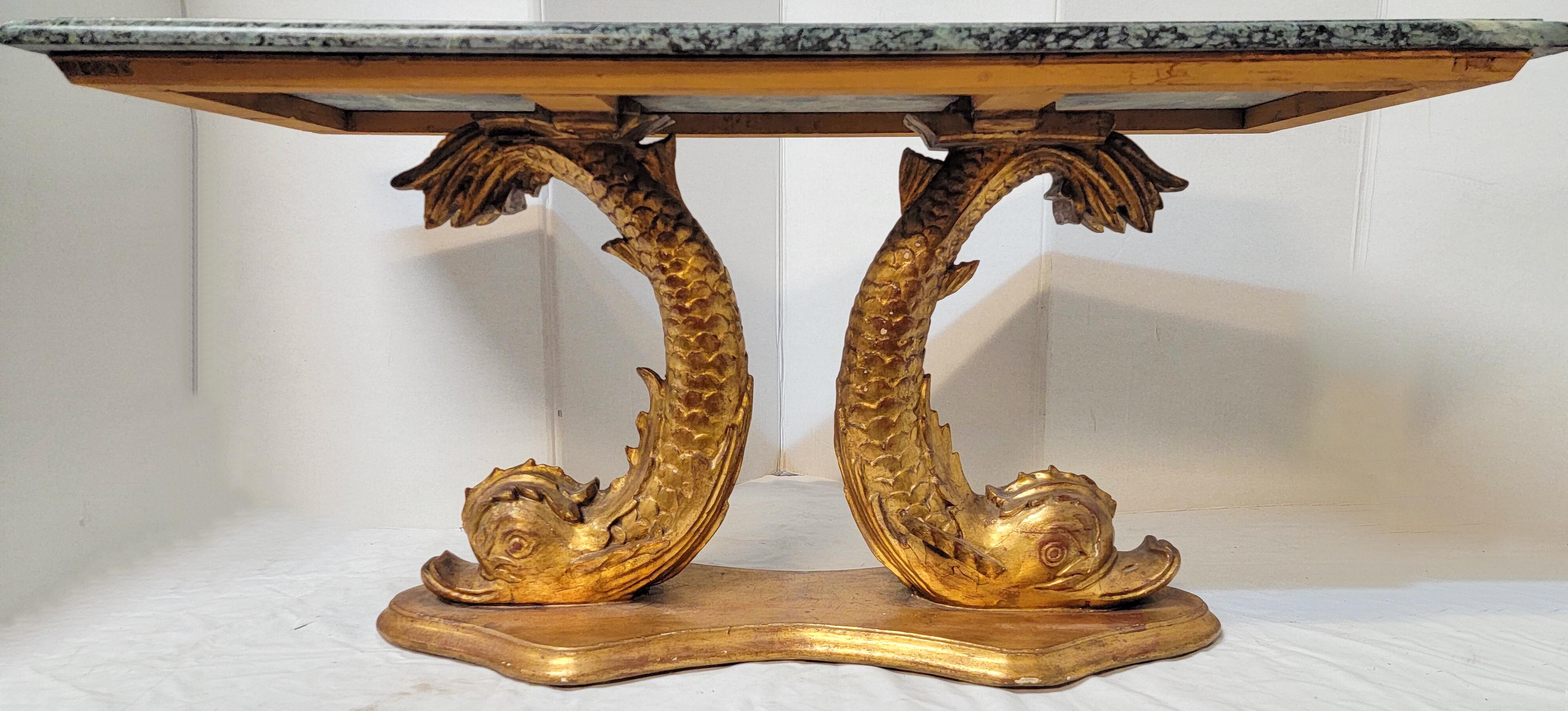 Regency Style Italian Giltwood Dolphin Form Marble Top Coffee Table / Bench In Good Condition In Kennesaw, GA