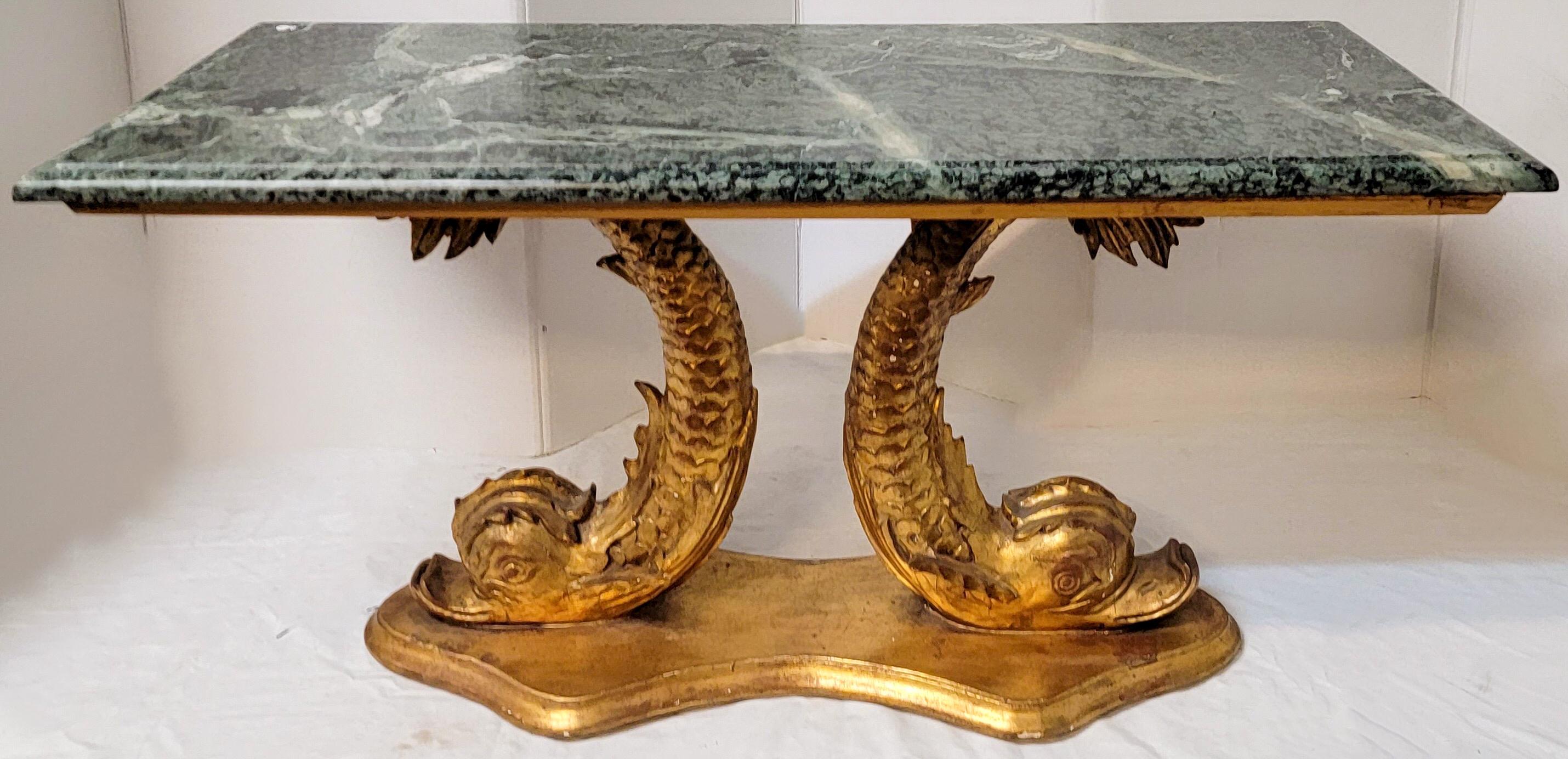 20th Century Regency Style Italian Giltwood Dolphin Form Marble Top Coffee Table / Bench