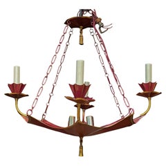 Regency Style Italian Tole Red Pagoda & Gilt Tassel 4 Arm Chandelier - 6 lights
