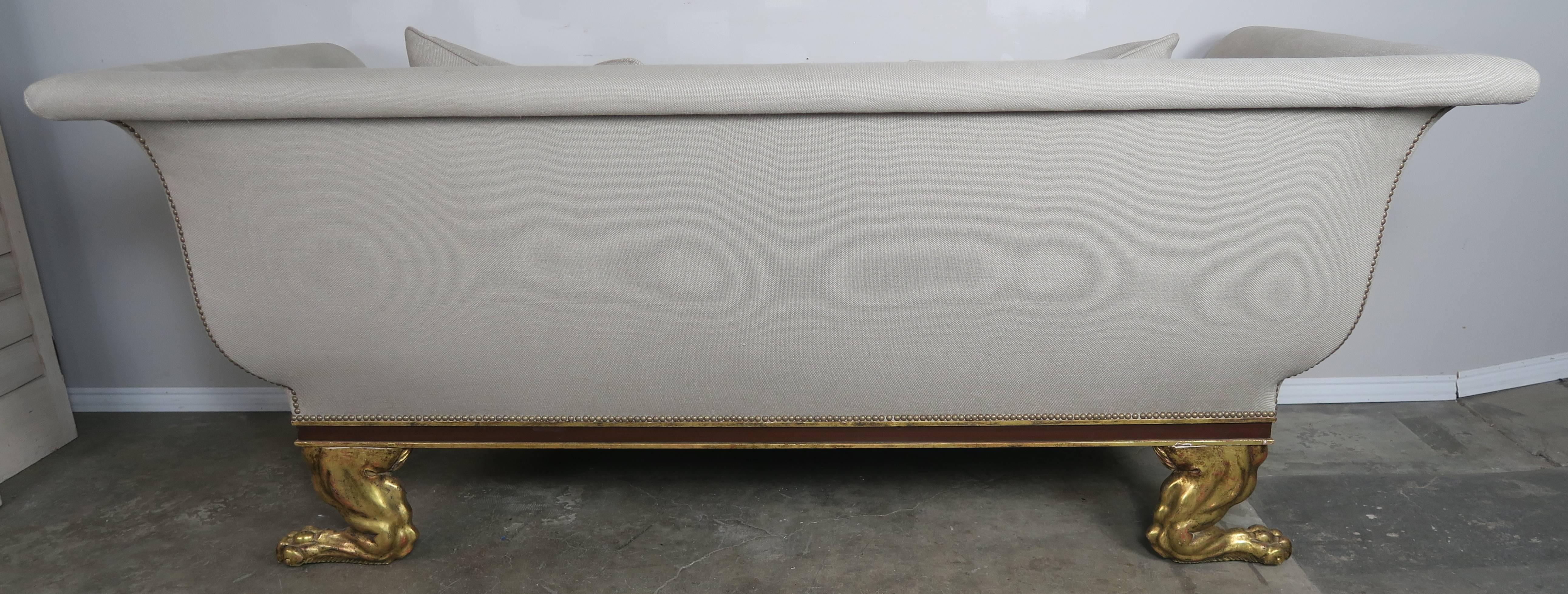 American Regency Style Linen Upholstered Sofa with Giltwood Feet