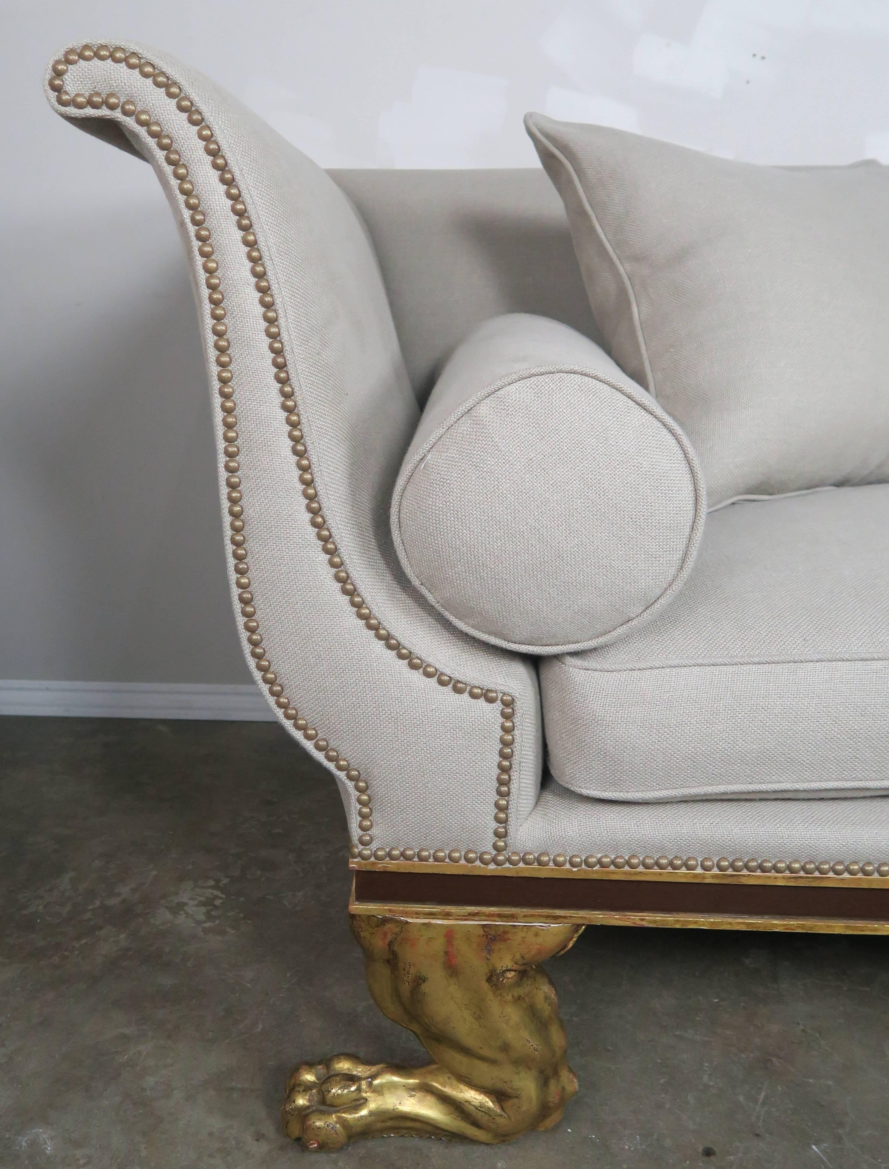 Hand-Painted Regency Style Linen Upholstered Sofa with Giltwood Feet