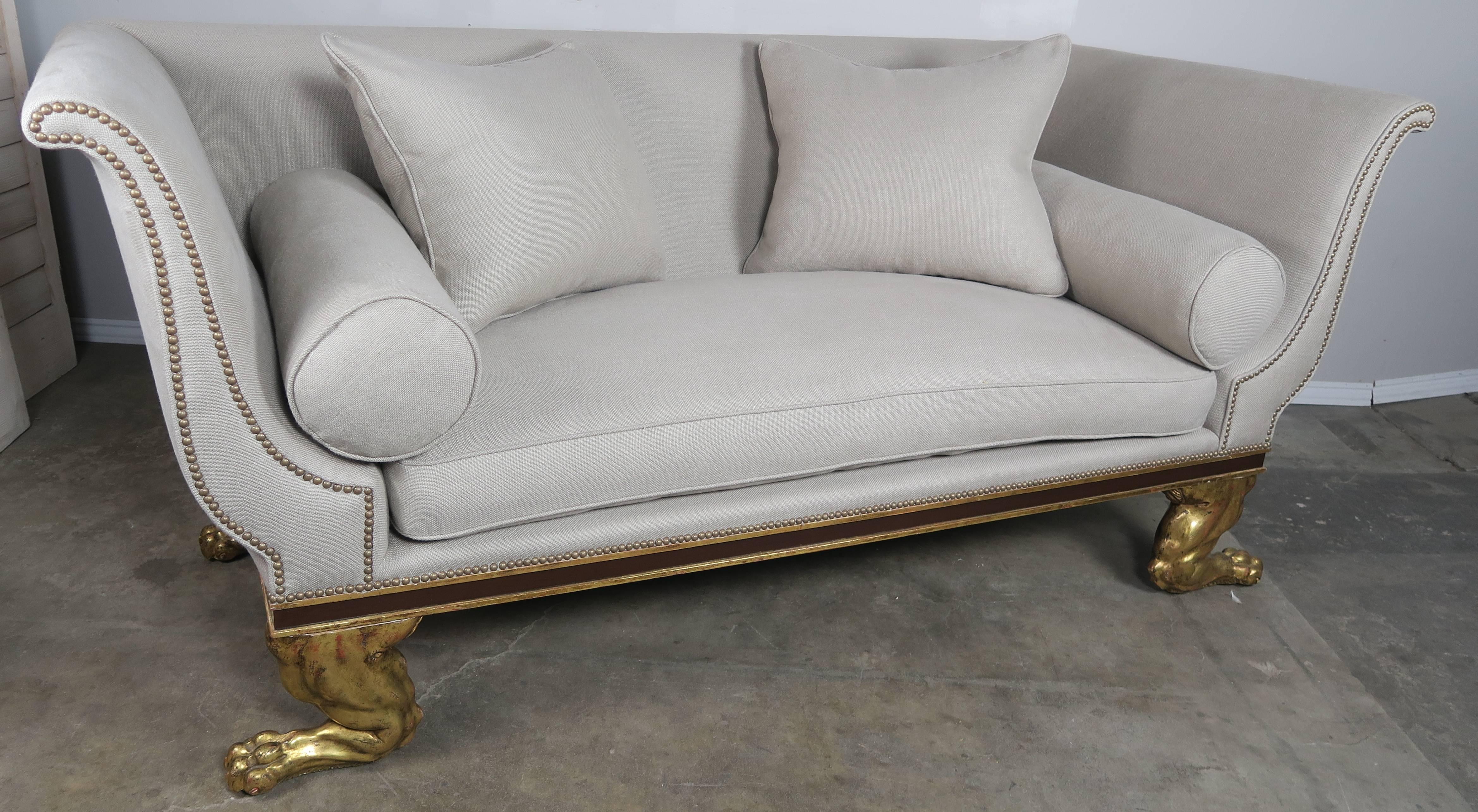 Regency Style Linen Upholstered Sofa with Giltwood Feet In Excellent Condition In Los Angeles, CA