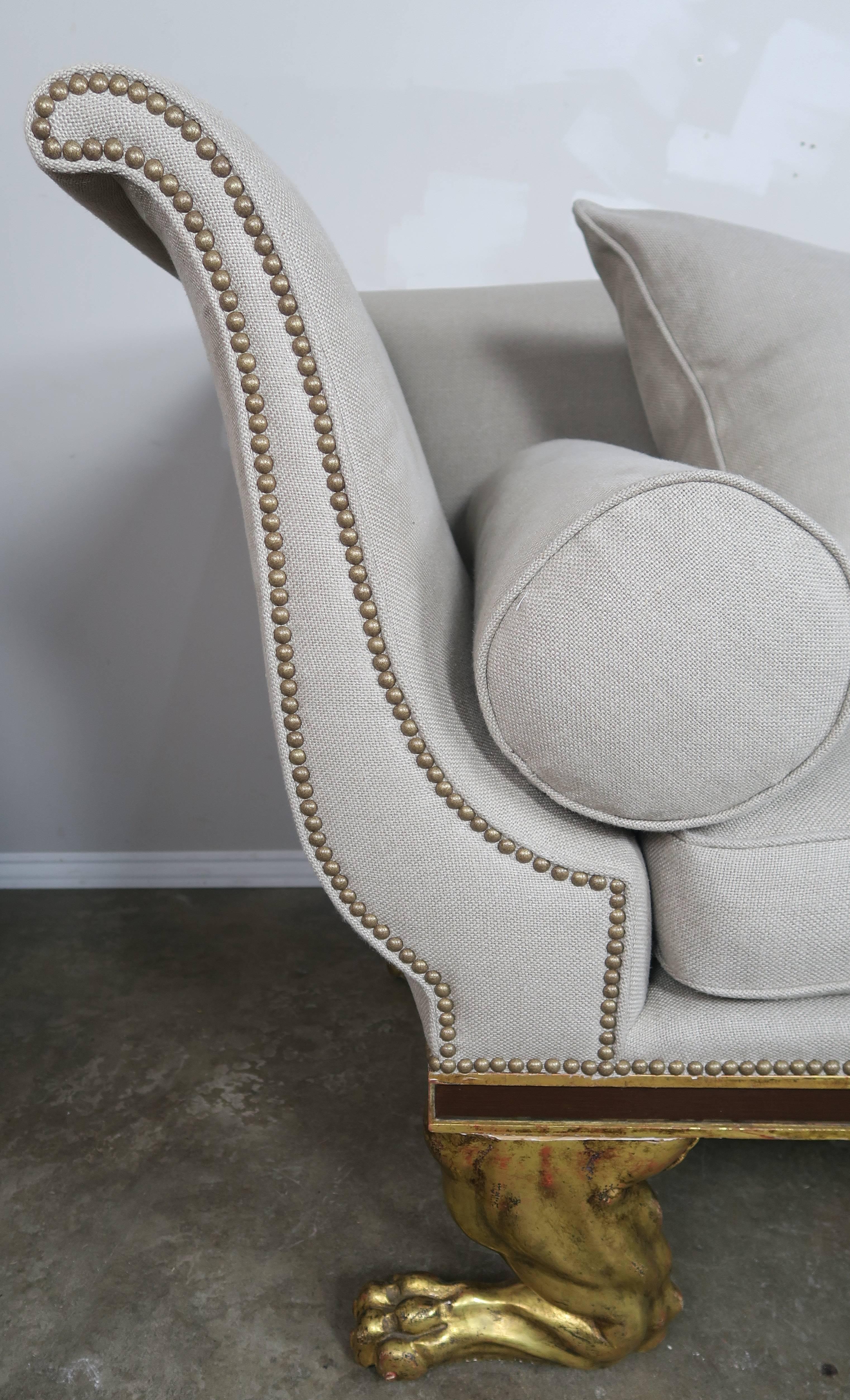 20th Century Regency Style Linen Upholstered Sofa with Giltwood Feet