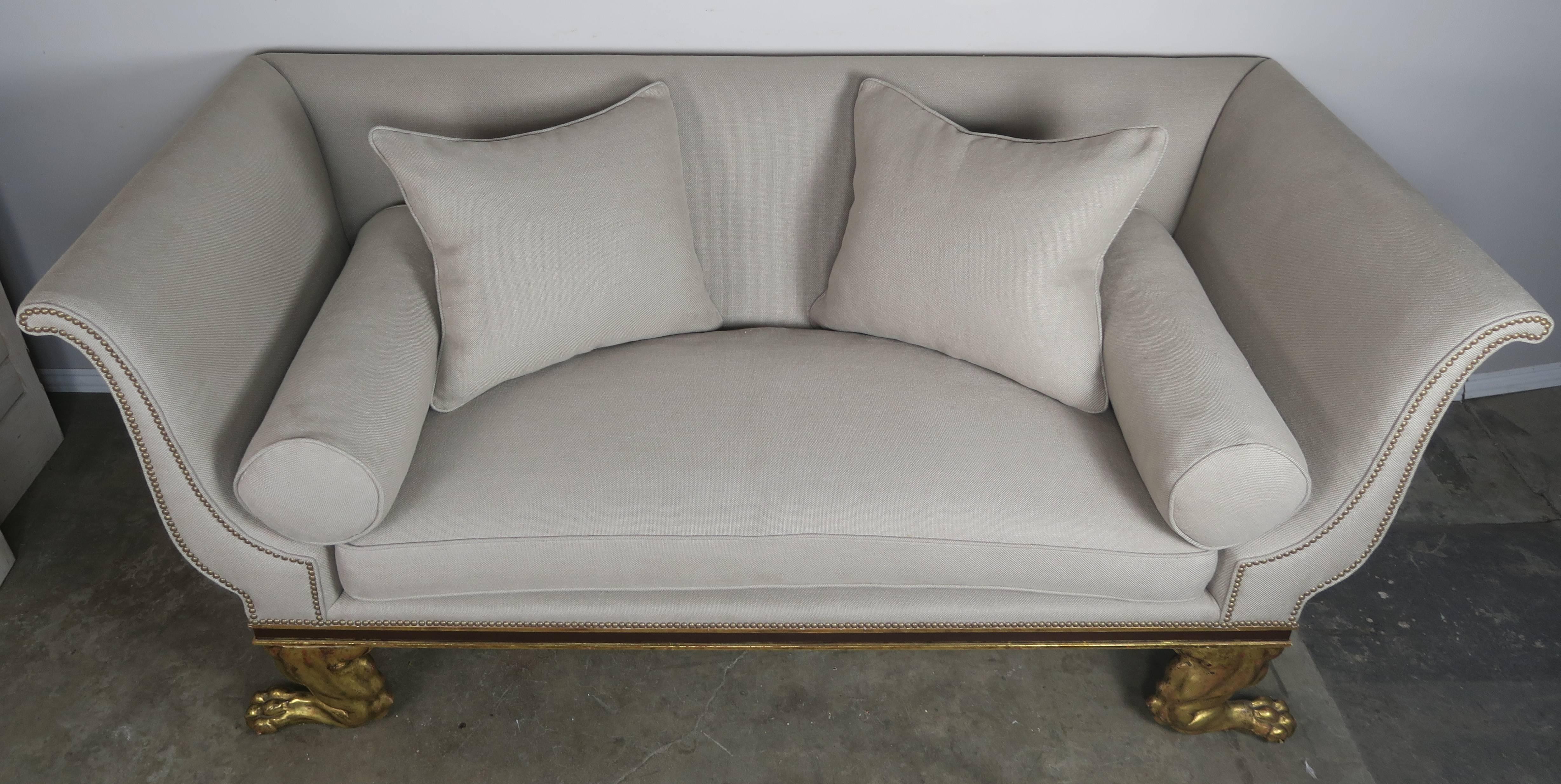 Regency Style Linen Upholstered Sofa with Giltwood Feet 1