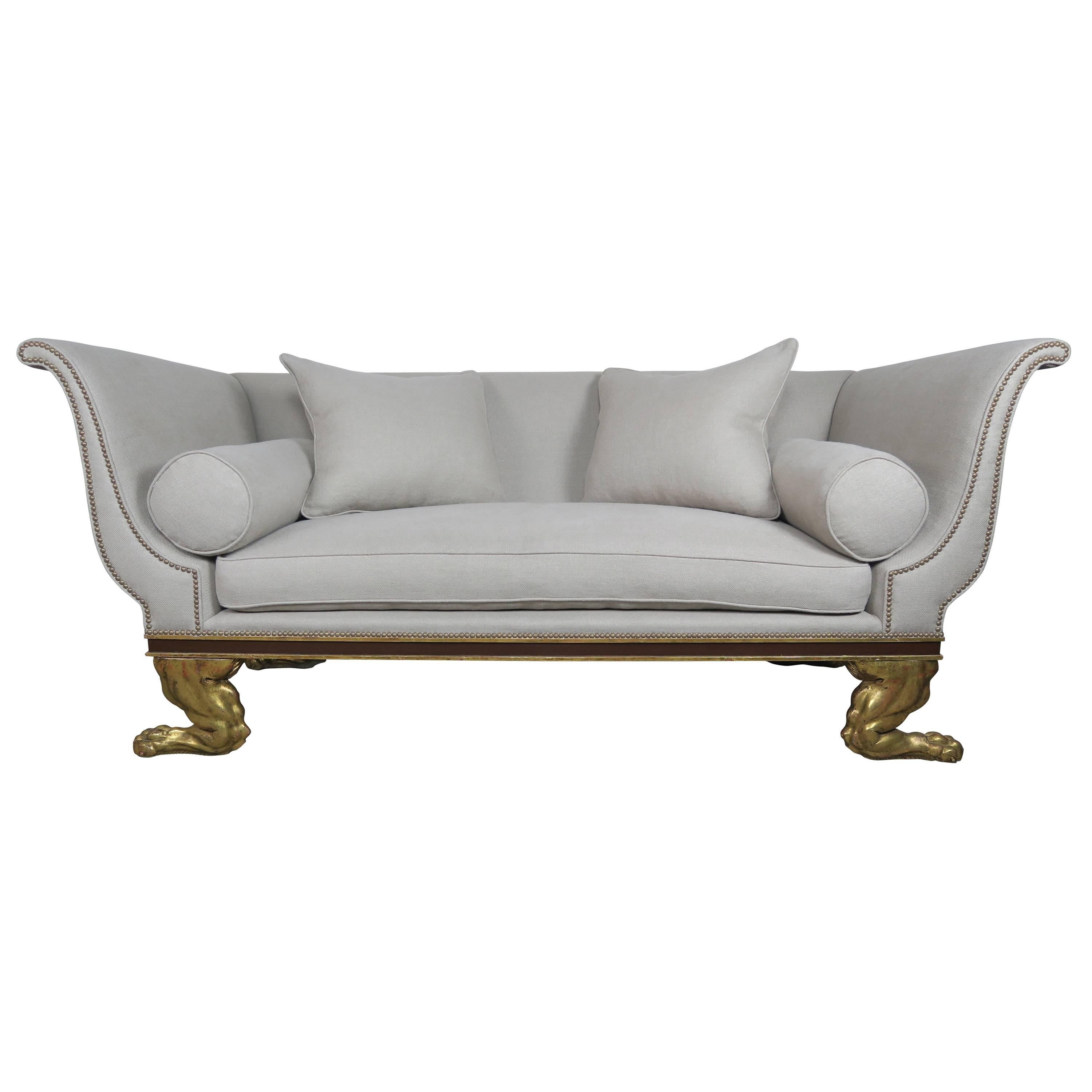 Regency Style Linen Upholstered Sofa with Giltwood Feet