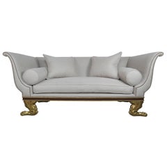 Vintage Regency Style Linen Upholstered Sofa with Giltwood Feet