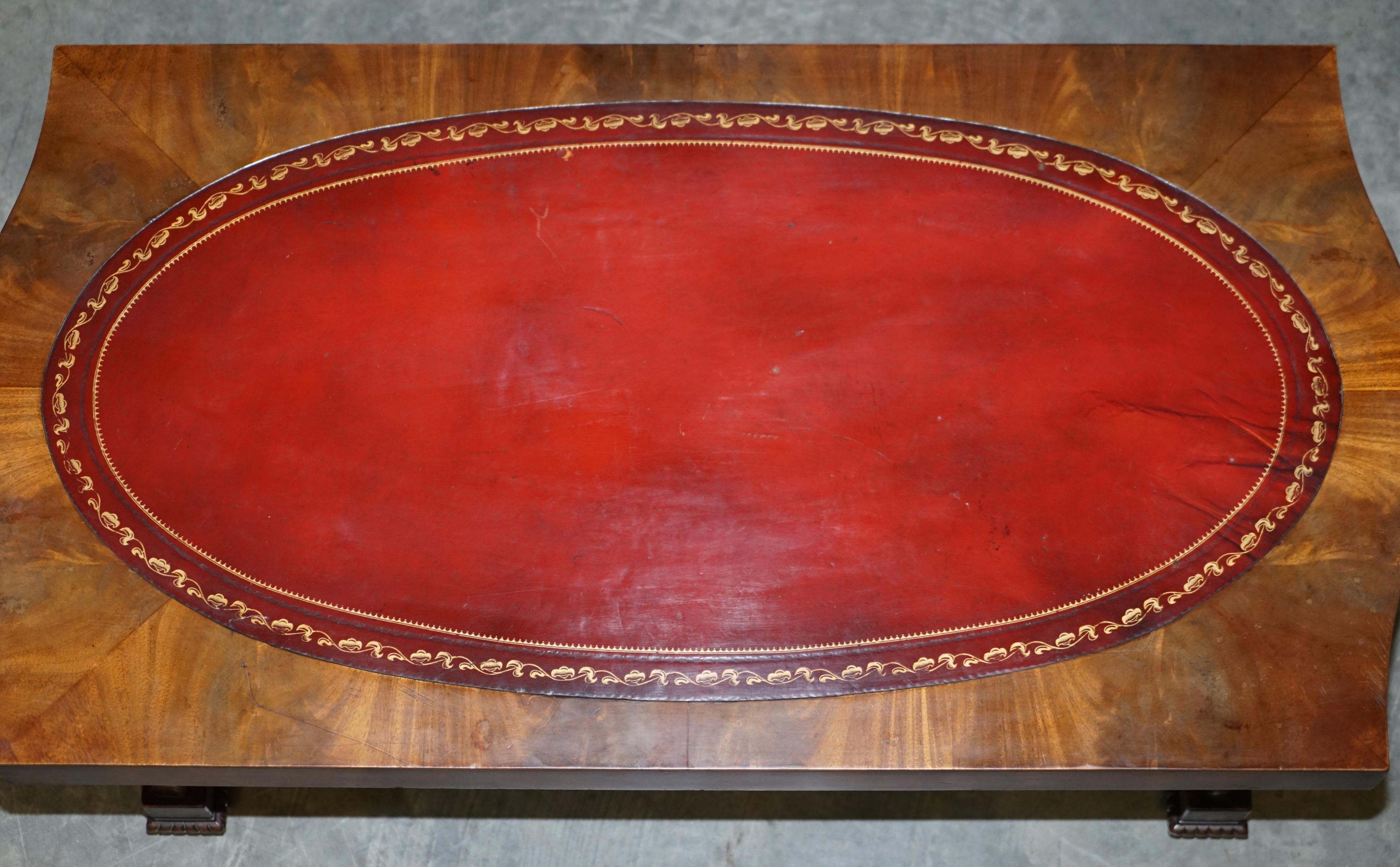 English Regency Style Lions Head Handle Oxblood Leather & Walnut Coffee Occasional Table For Sale
